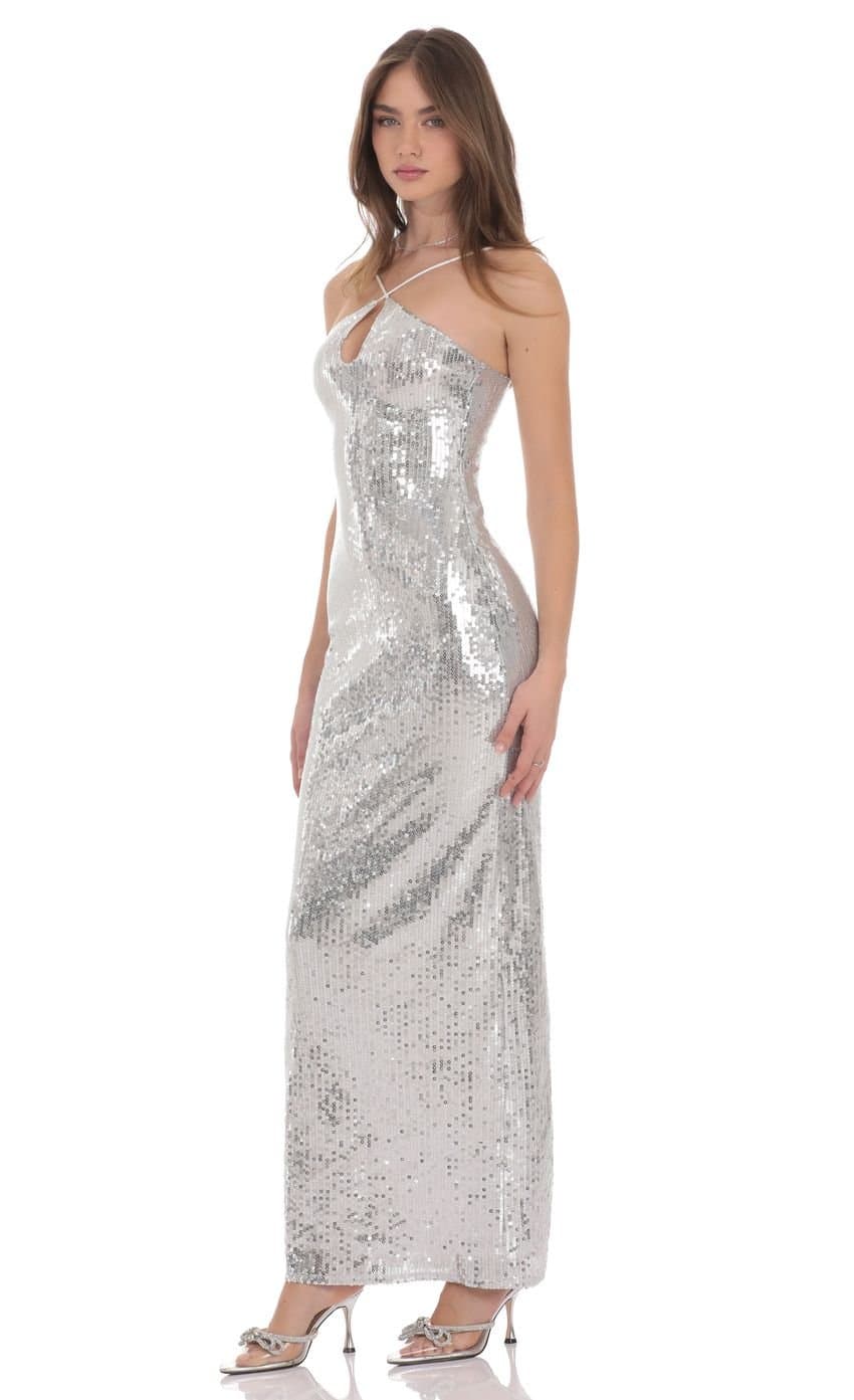 Sequin Keyhole Maxi Dress in Silver