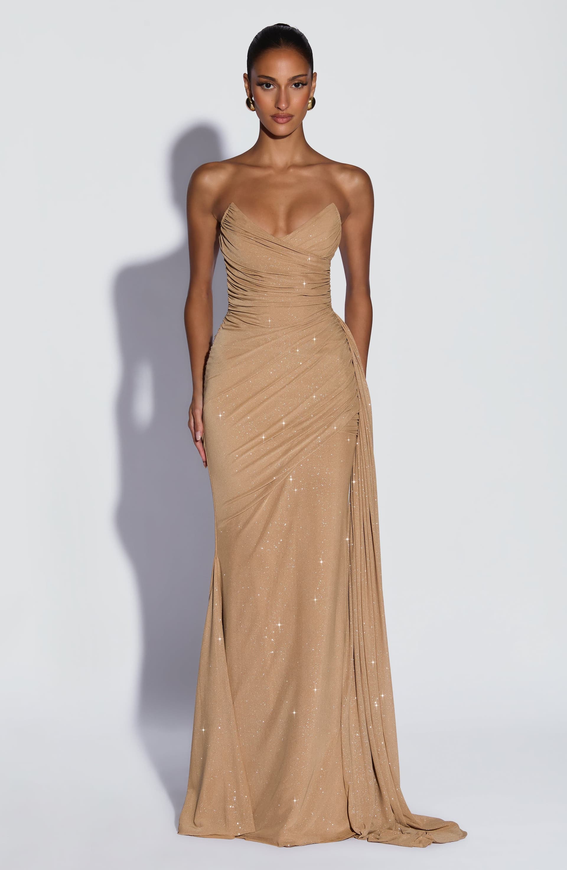 Ashika Maxi Dress Gold Sparkle Glitter Mesh Strapless Plunge Neckline
