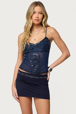 Azelia Beaded Sheer Mesh Tank Top - Adjustable Straps, V Neckline, Polyester Spandex