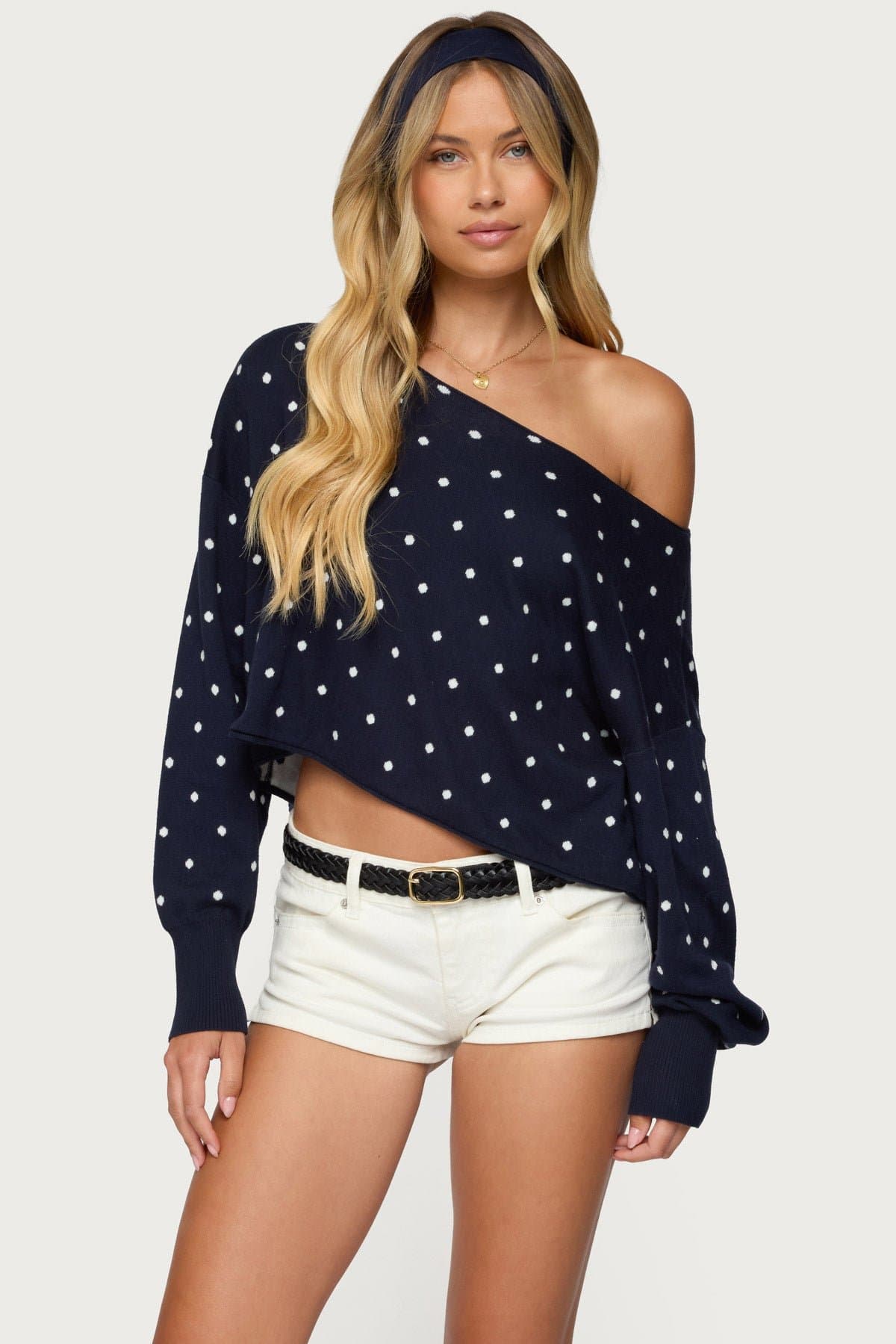 Oversized Off Shoulder Polka Dot Sweater 100% Cotton Knit