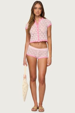 Elisa Open Knit Shorts - Low Rise Waist, Scalloped Hem, 100% Cotton