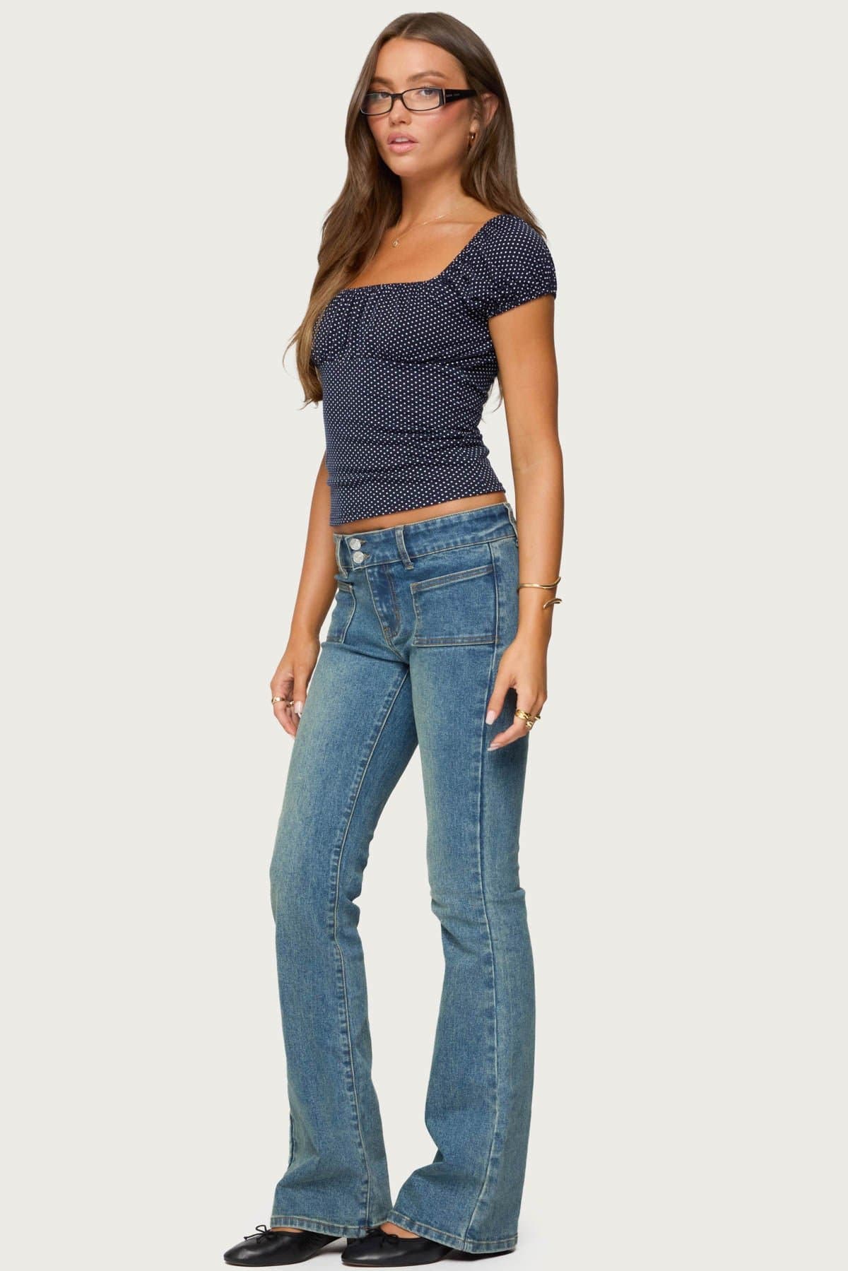 Stefania Polka Dot Top - Square Neckline Short Puff Sleeves Ruched Bust Polyester Spandex