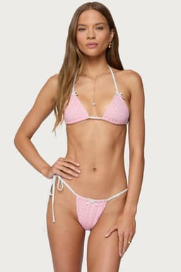 Leigh Polka Dot Triangle Bikini Top - Adjustable Halter Ties, Frill Trim, Stretch Polyester Spandex