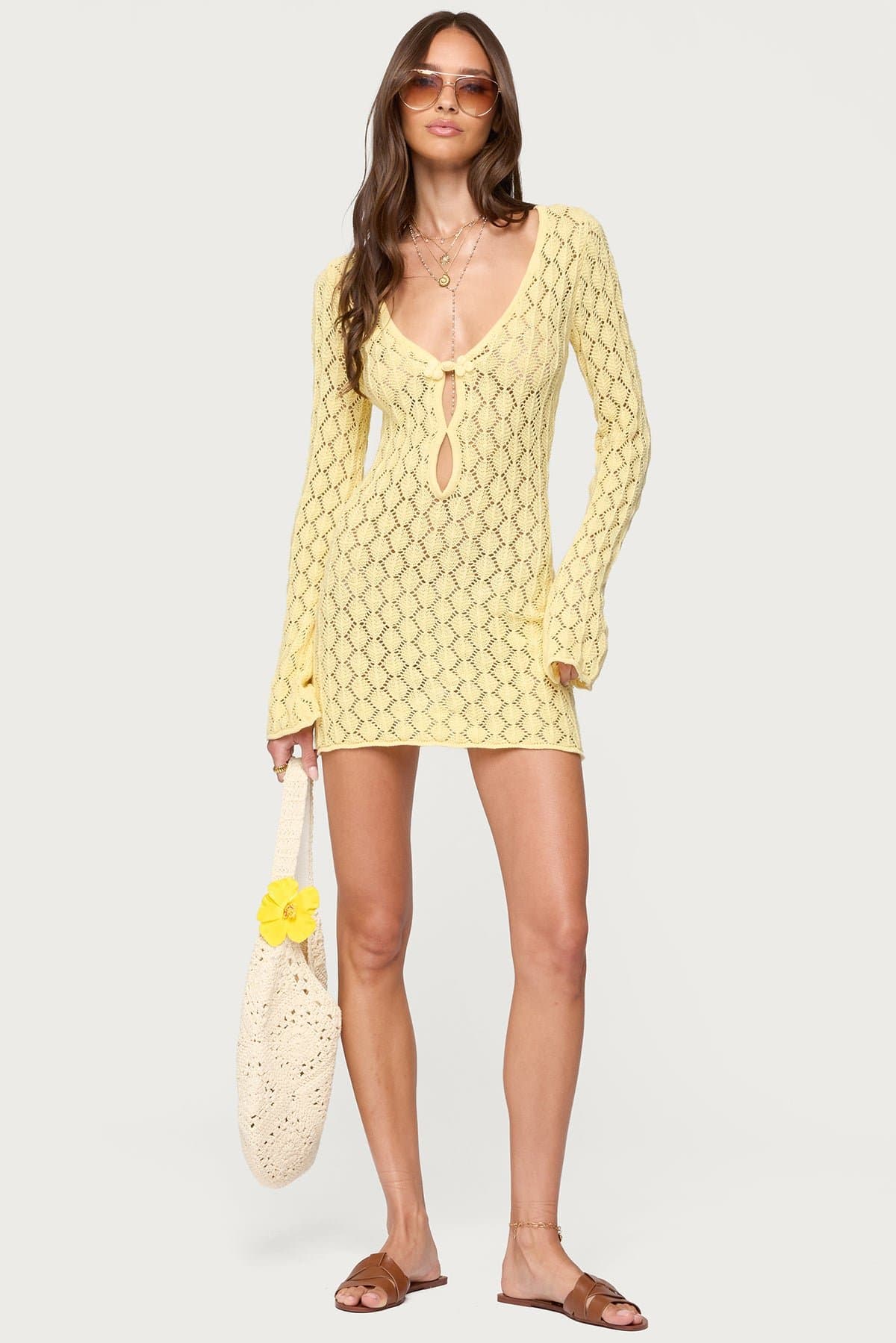 Brie Cut Out Crochet Mini Dress - Long Sleeve V Neck Cotton Polyester