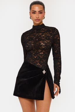 Lace Long Sleeve Bodysuit with Shaped Cuffs - Black