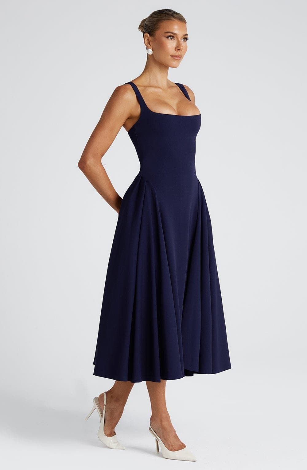 Betty Midi Dress - Navy Stretch Crepe Square Neckline Godet Skirt