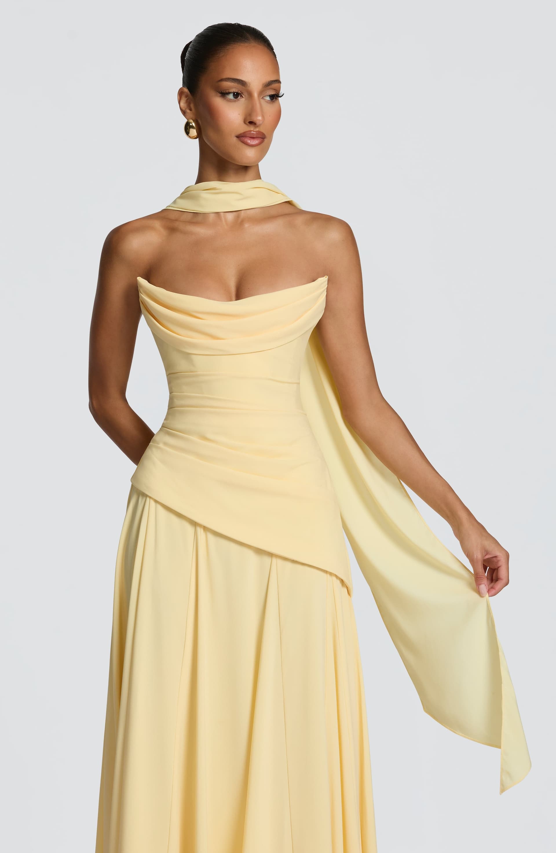 Patricia Lemon Chiffon Maxi Dress - Scooped Neckline, Lace-Up Back, Pleated Bodice
