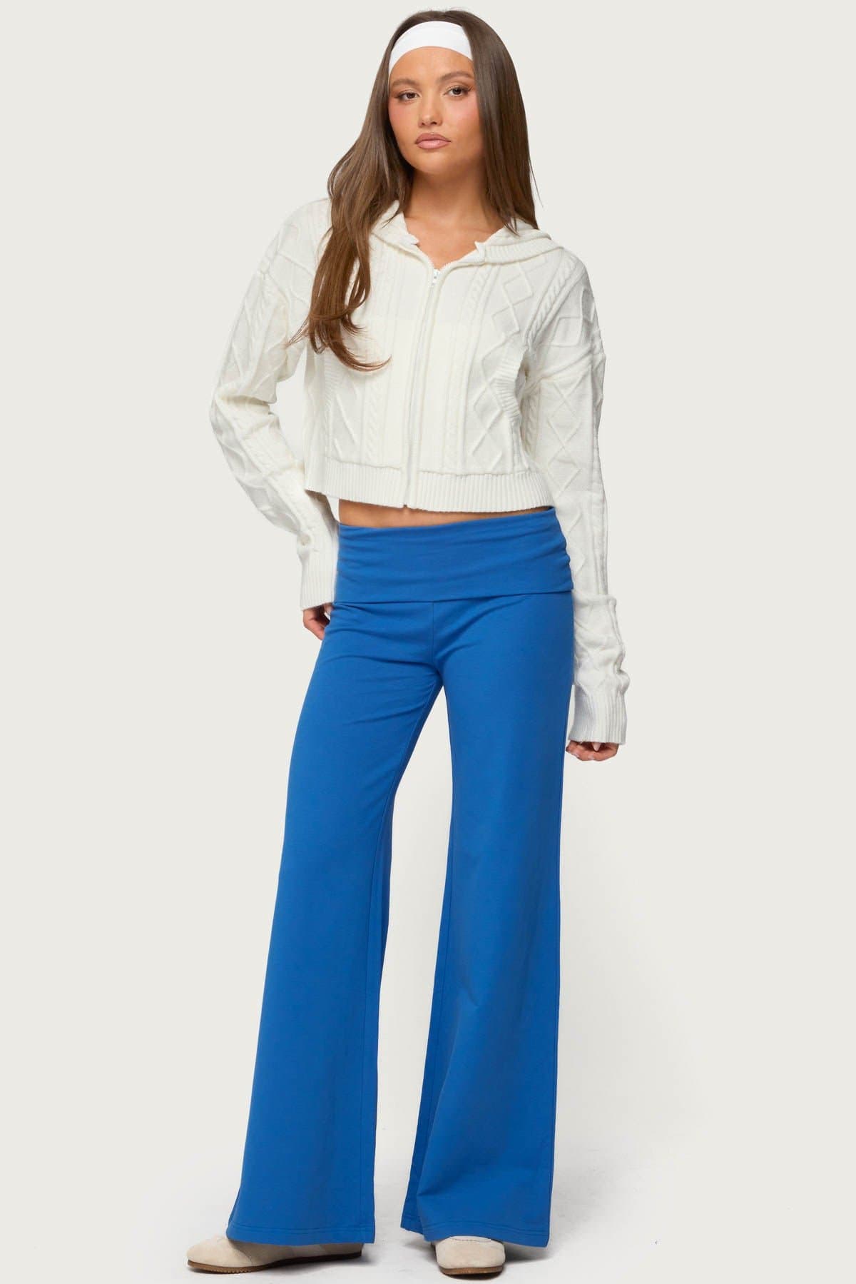 Wide Leg Foldover Pants - Cotton Spandex, Size S Inseam 31.1"