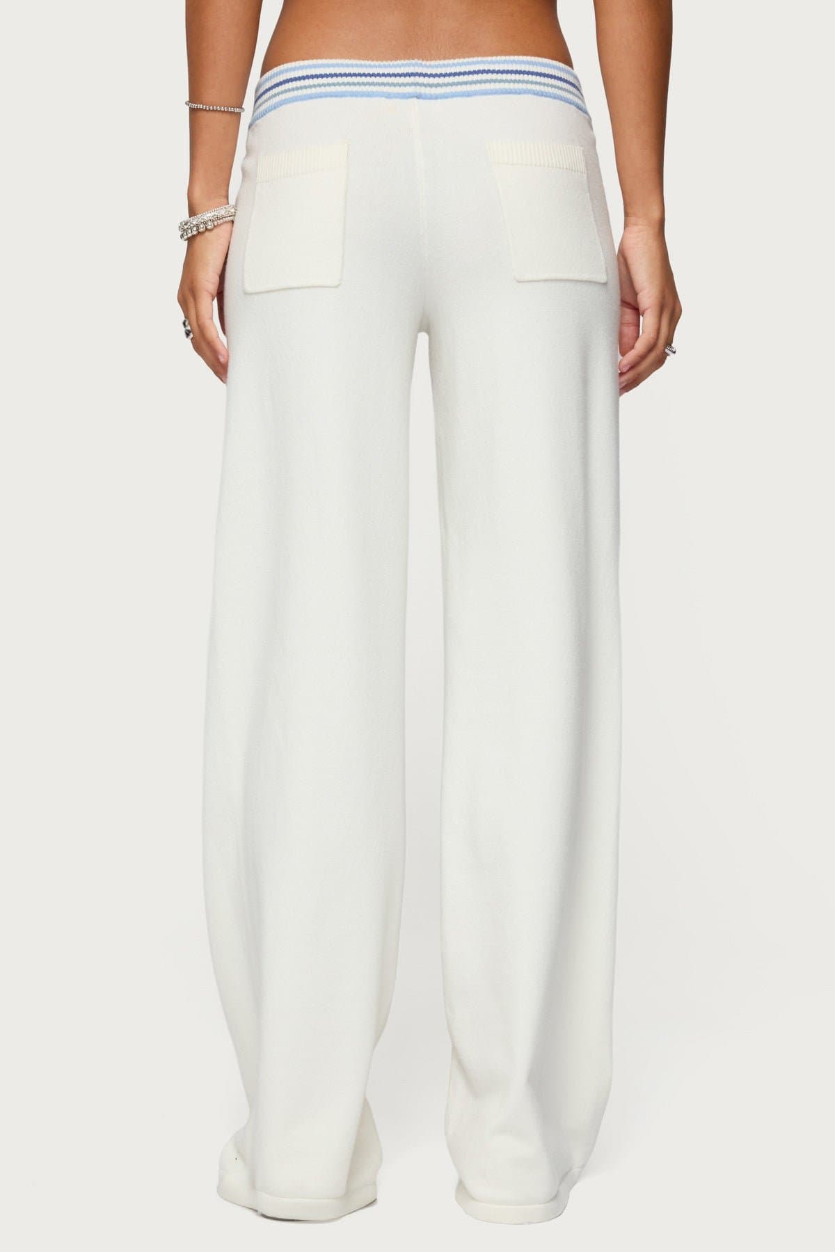 Miya Stripey Knit Pants - Rayon Polyester Nylon Striped Waistband Button Detail