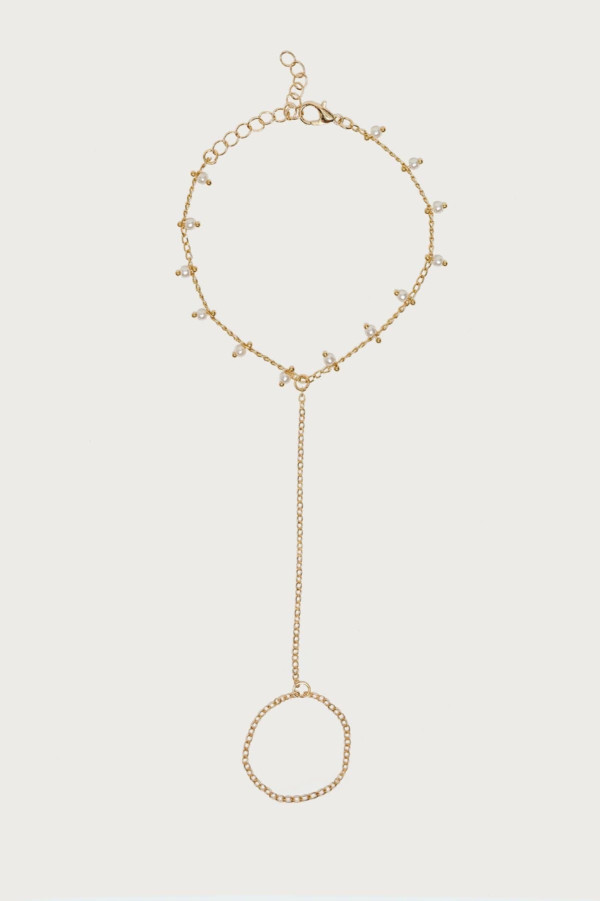 Pearly Hand Chain with Pearl Detailing Gold Tone Metal 8.3 Inch Length