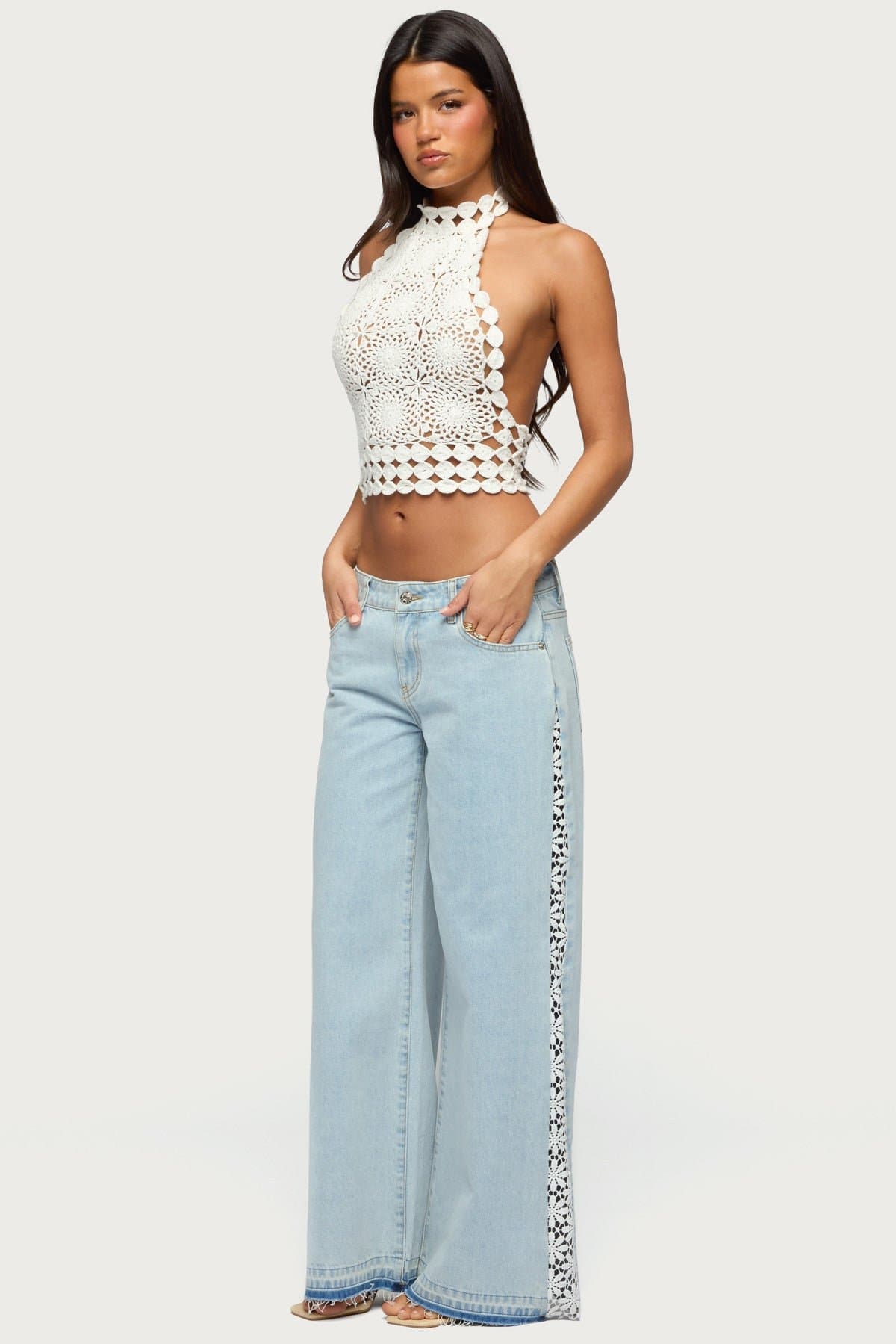 Crochet Panel Low Rise Wide Leg Jeans - 100% Cotton Rigid Denim