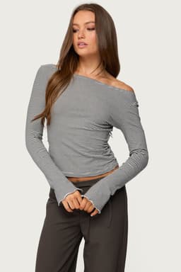 Leyna Striped Off Shoulder Top with Long Sleeves Lettuce Trim Cotton Spandex