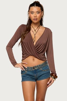Draped V Neck Long Sleeve Top - Polyester Spandex Women's Blouse
