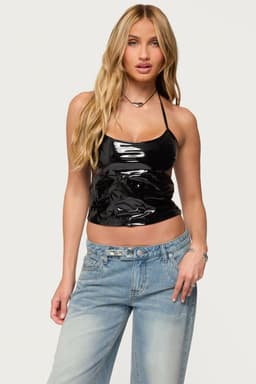 Vikki Vinyl Halter Top - Black Scoop Neck Tie Closure Polyurethane Polyester