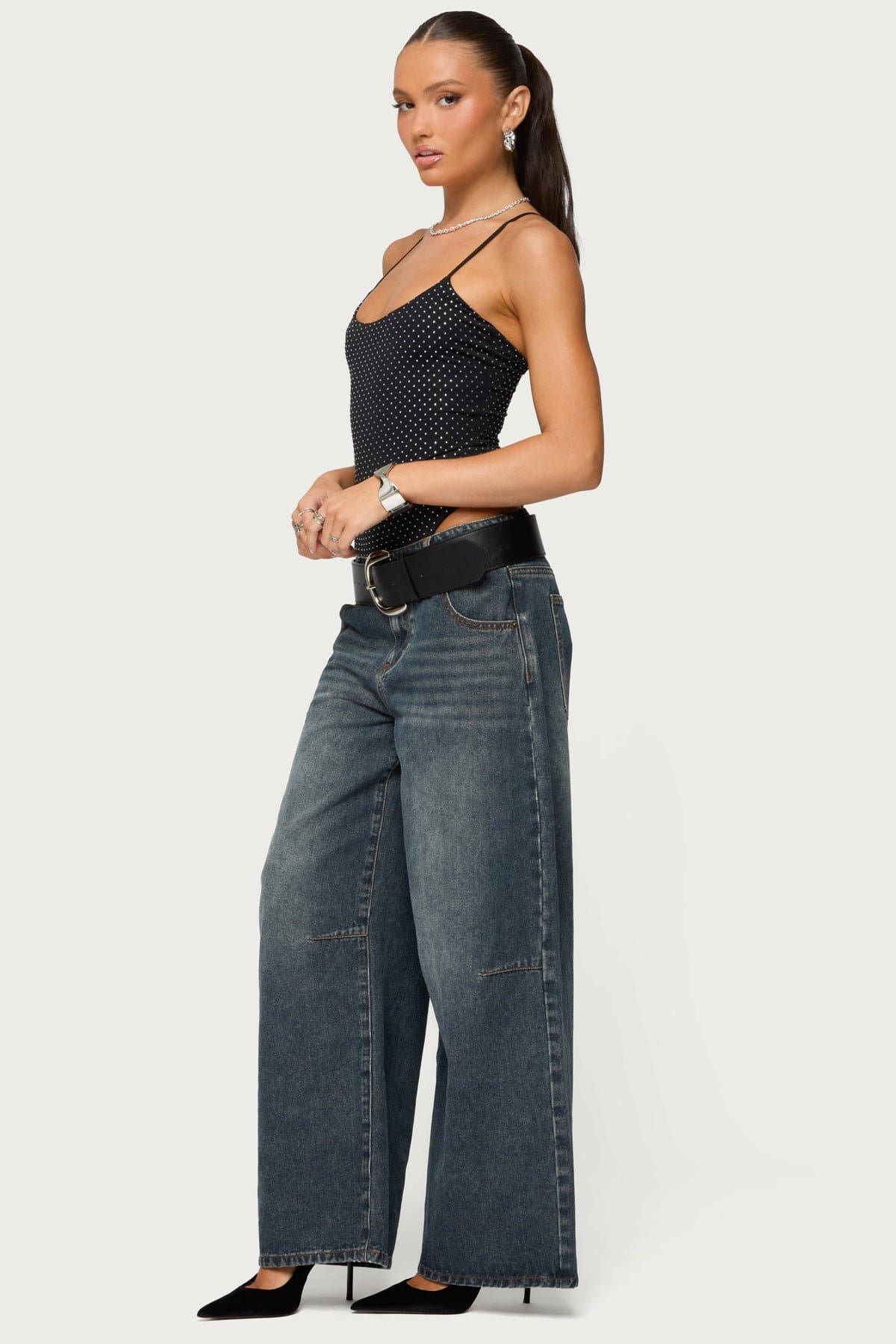 Georgey Rhinestone Bodysuit - Adjustable Straps, Nylon Spandex Fabric