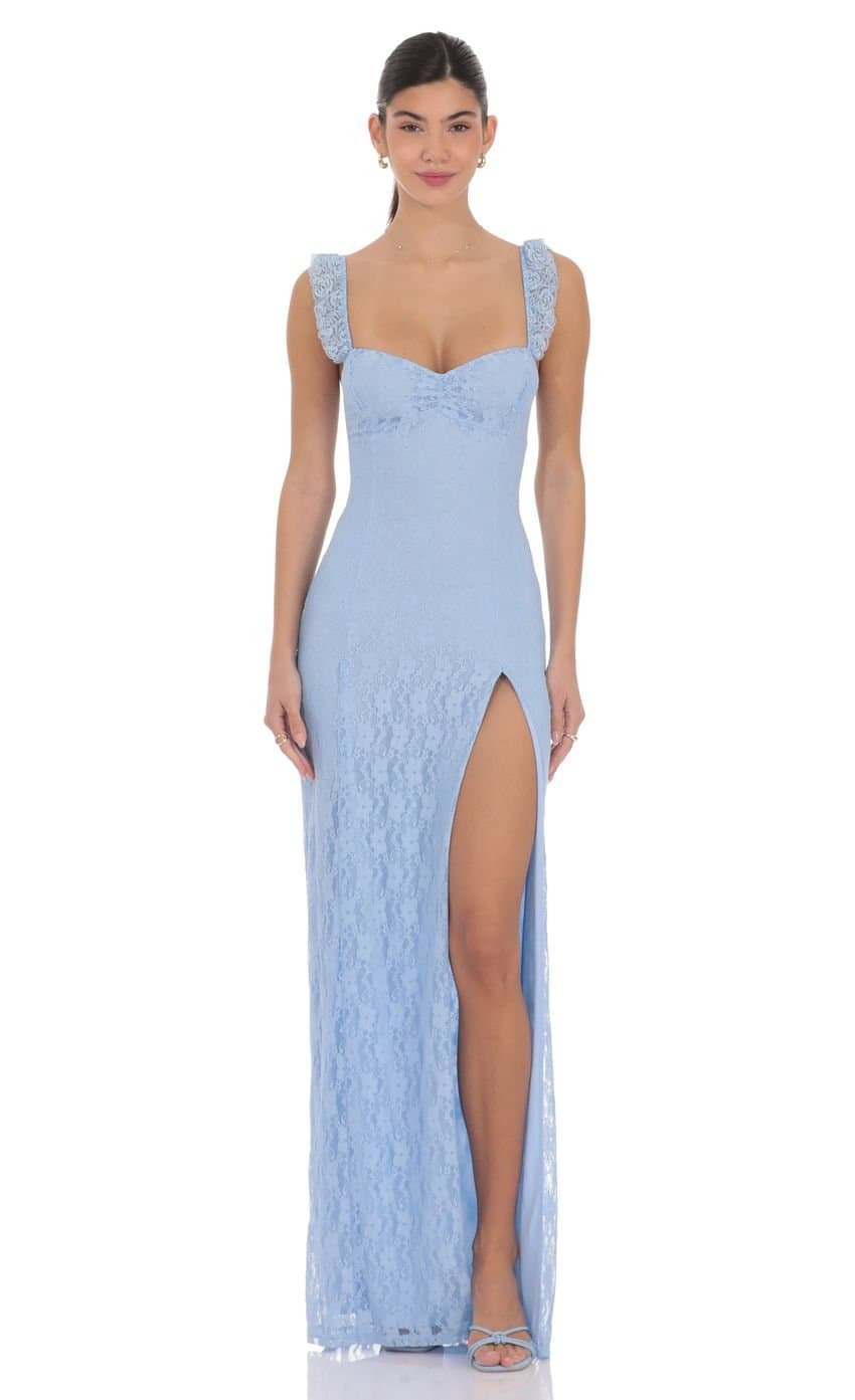 Lace Ruffle Strap Maxi Dress in Light Blue