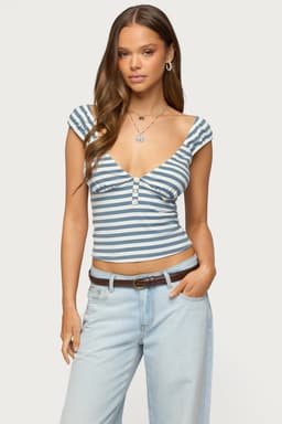 Aina Striped V-Neck Henley Top - Cotton Spandex with Button Detail