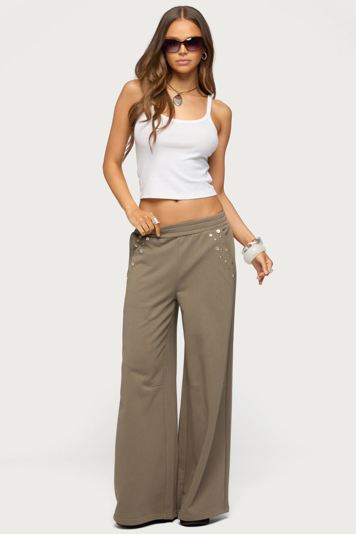 Zania Iridescent Button Sweatpants - Elastic Waist Wide Leg Cotton Polyester