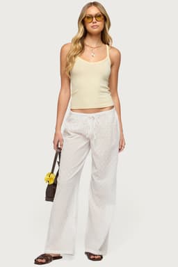 Embroidered Polka Dot Sheer Cotton Pants - Adjustable Tie Waist