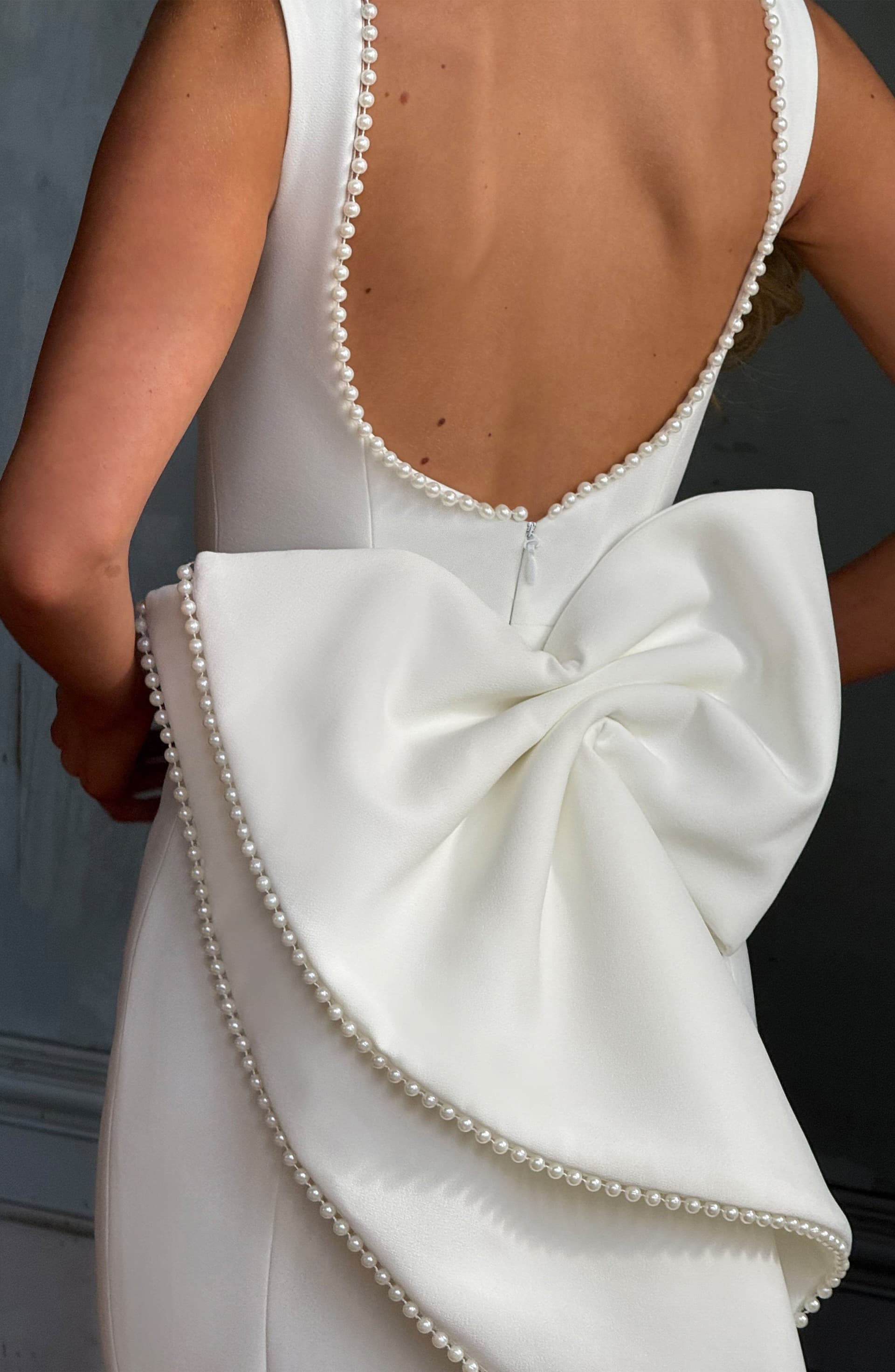 Lana Midaxi Dress in Ivory - Non-Stretch Crepe with Pearl Trim and Detachable Bow