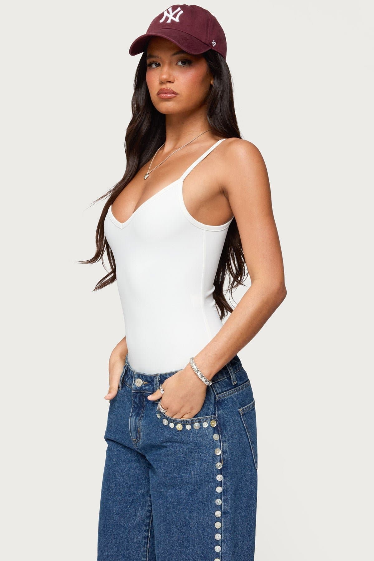 Teaghan V Neck Fitted Bodysuit with Adjustable Straps Nylon Spandex