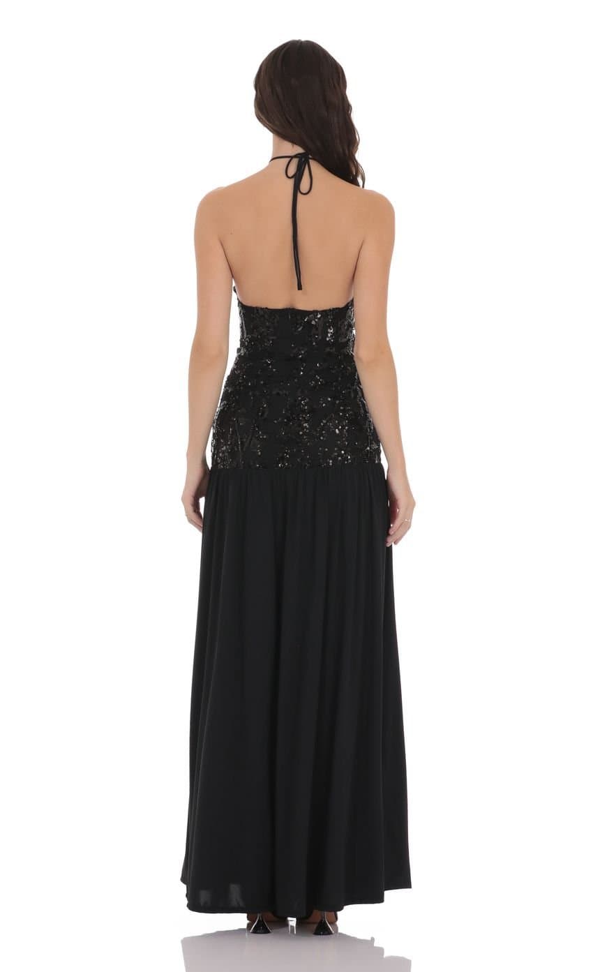 Drop Waist Sequin Maxi Dress in Black