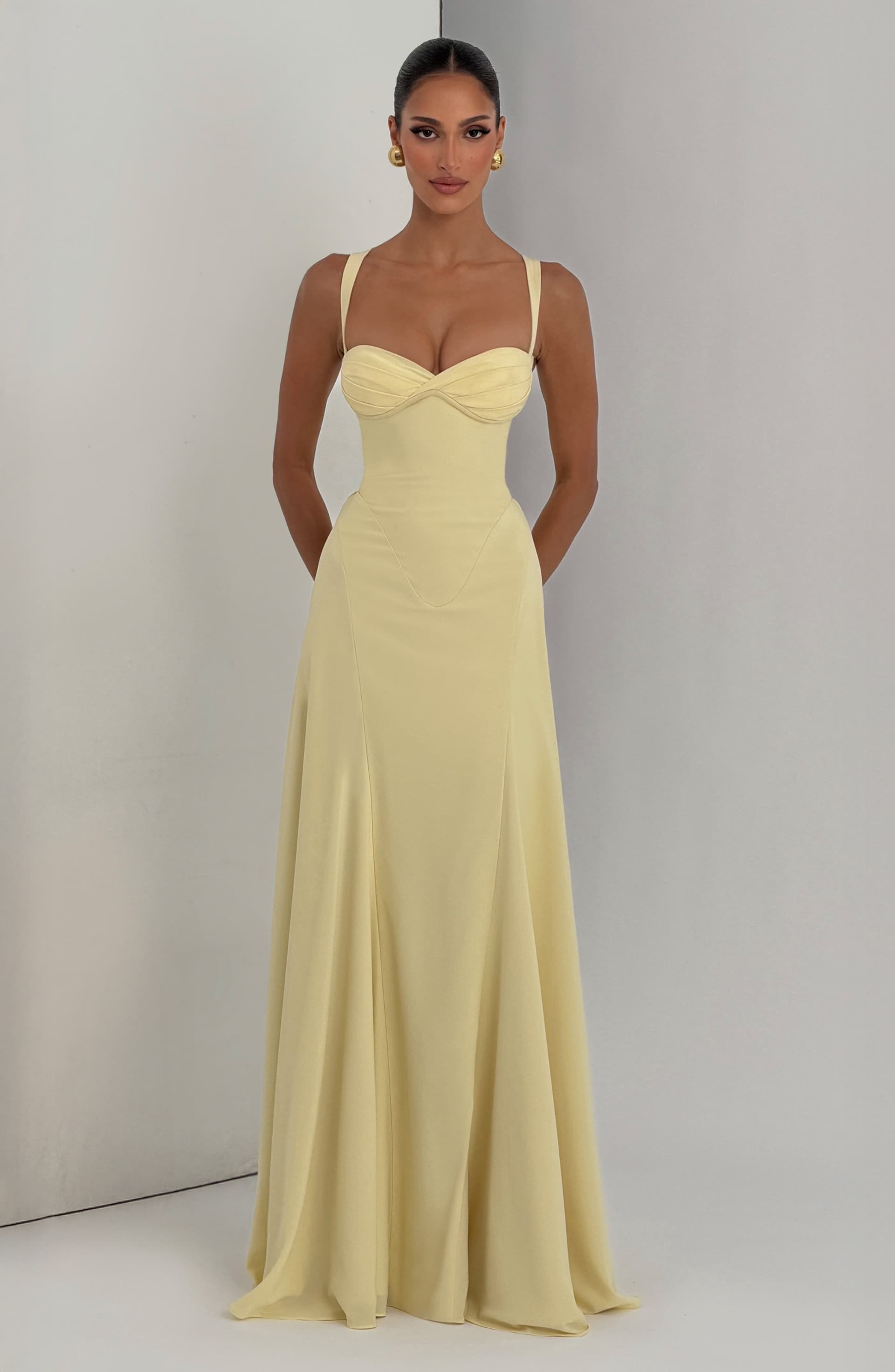 Irie Lemon Maxi Dress Chiffon Sweetheart Neckline Lace-Up Back