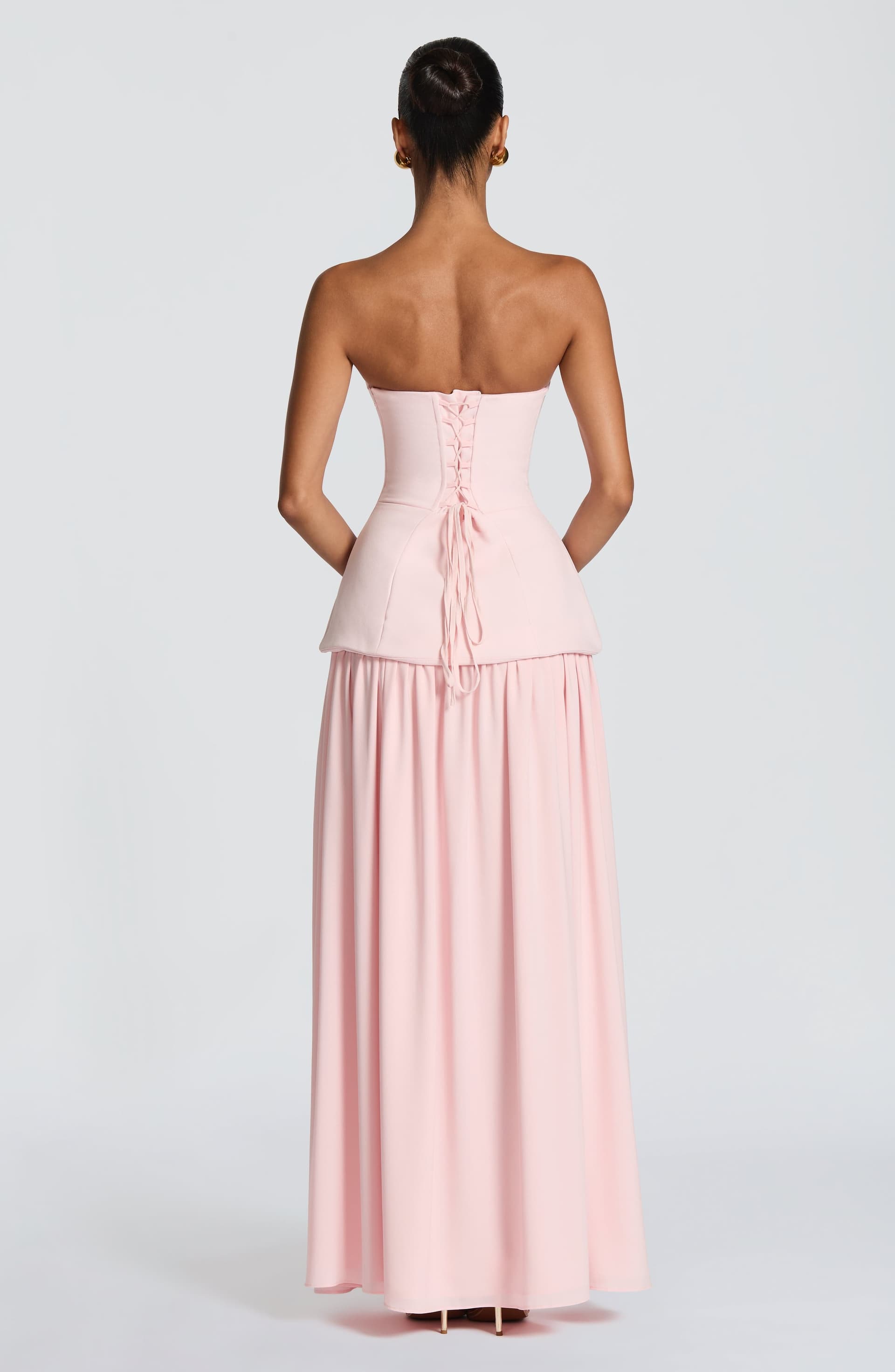 Vietta Maxi Dress in Blush - Crepe Corset Bodice Chiffon Skirt Thigh Split
