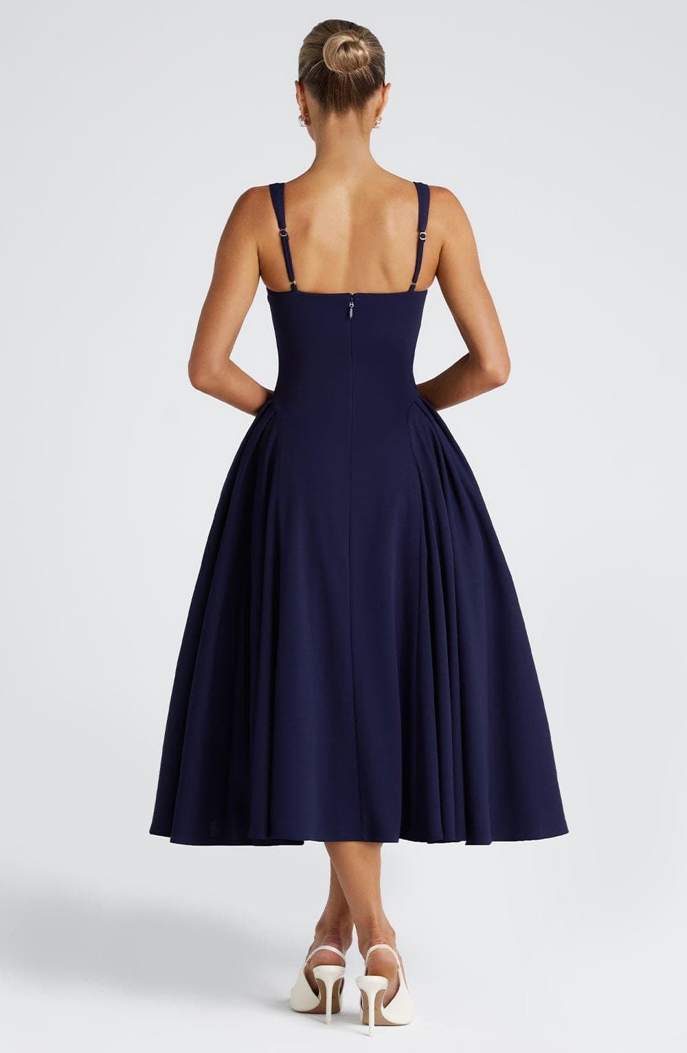 Betty Midi Dress - Navy Stretch Crepe Square Neckline Godet Skirt