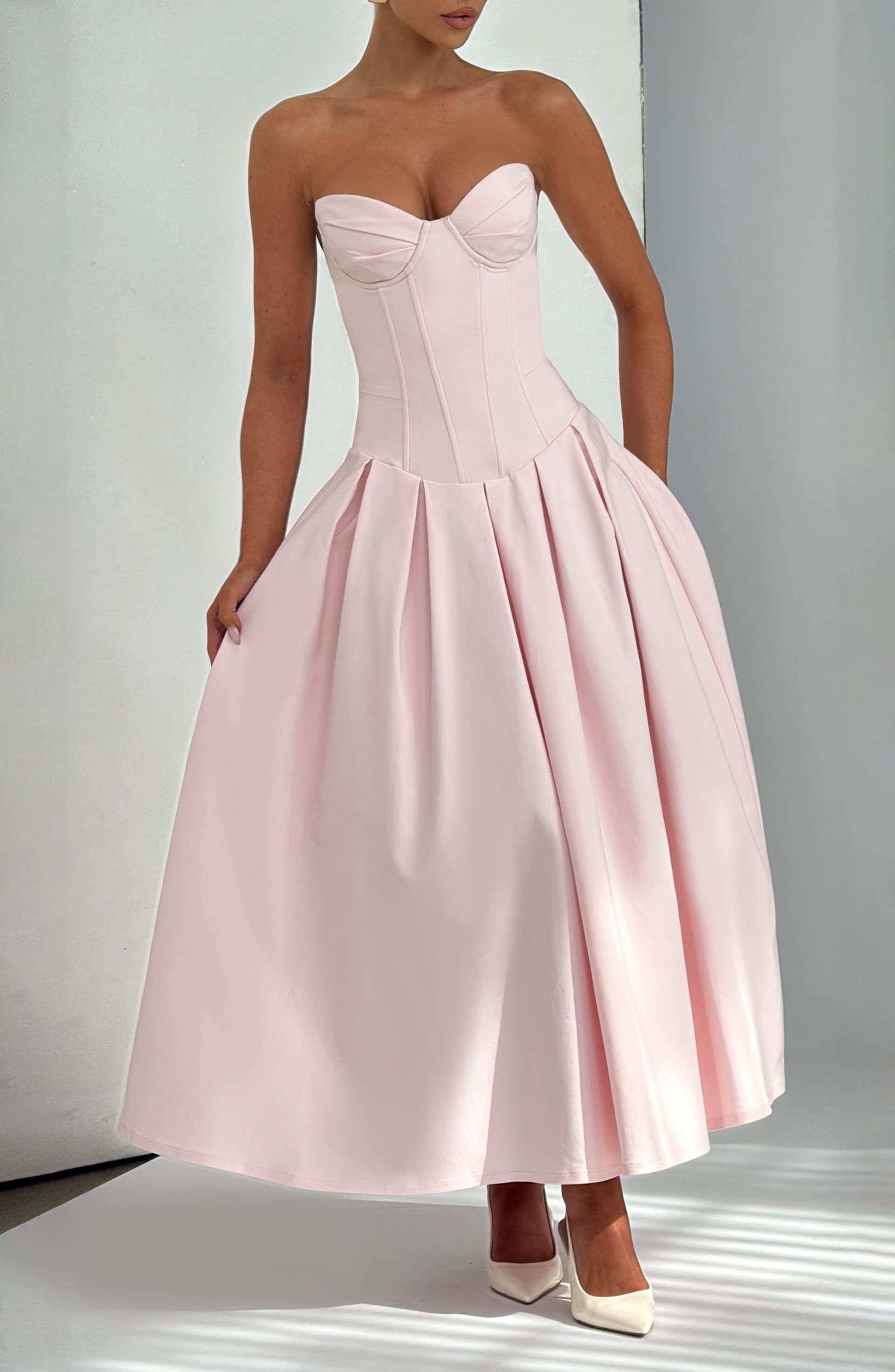 Salma Blush Stretch Bengaline Strapless Midi Dress with Pleated Skirt