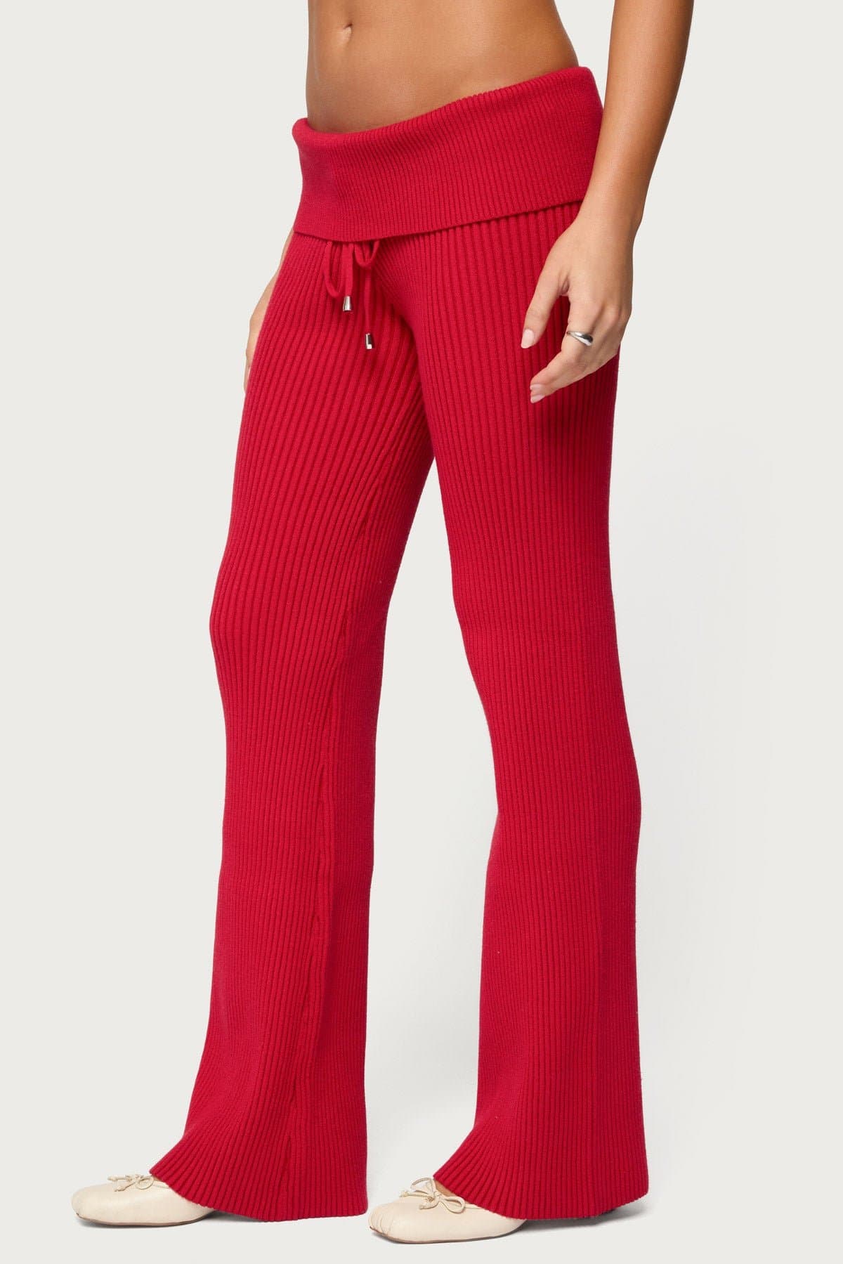 Adannah Foldover Ribbed Knit Flared Leg Pants - Rayon Polyester Nylon
