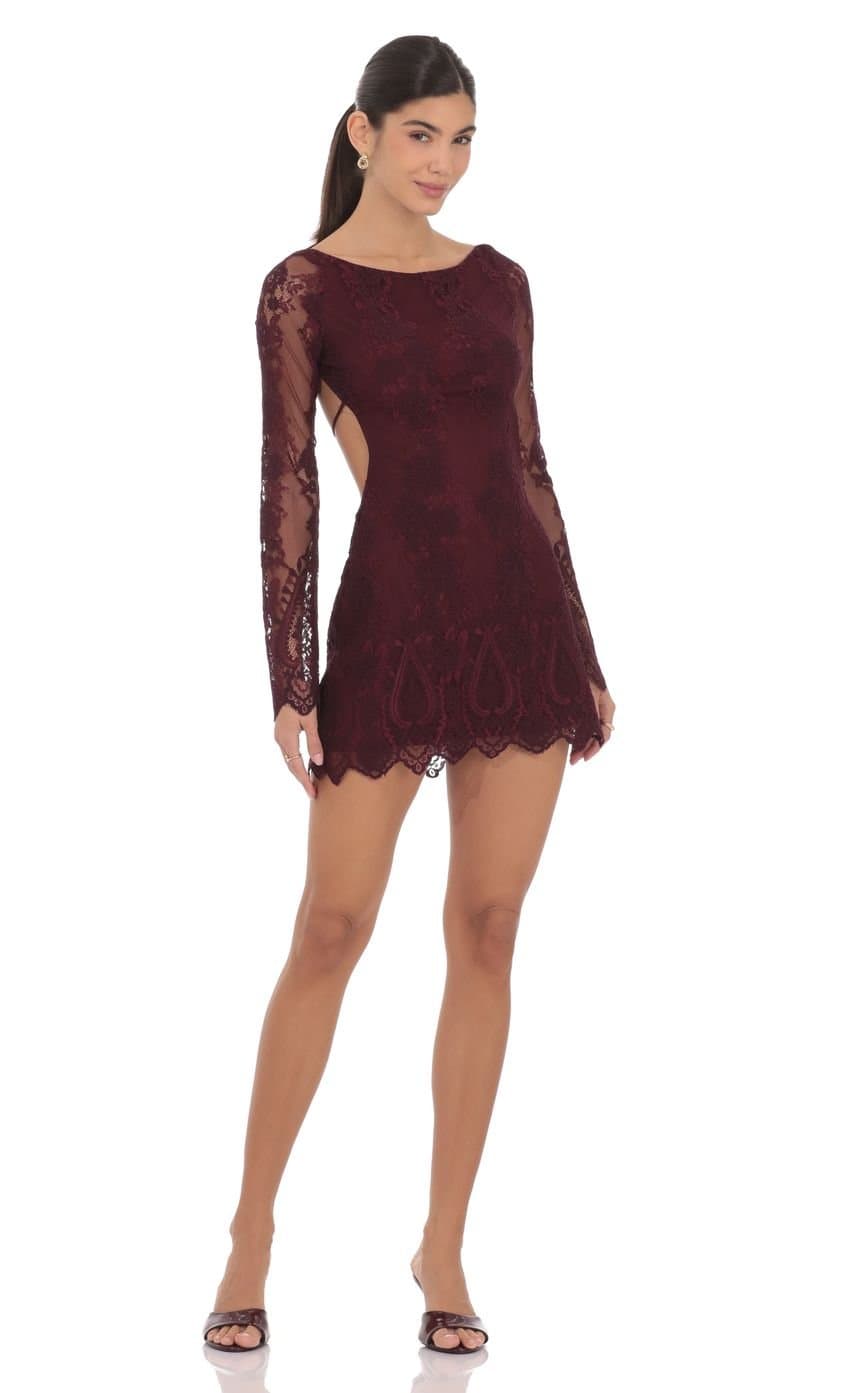 Lace Open Back Long Sleeve Dress in Burgundy