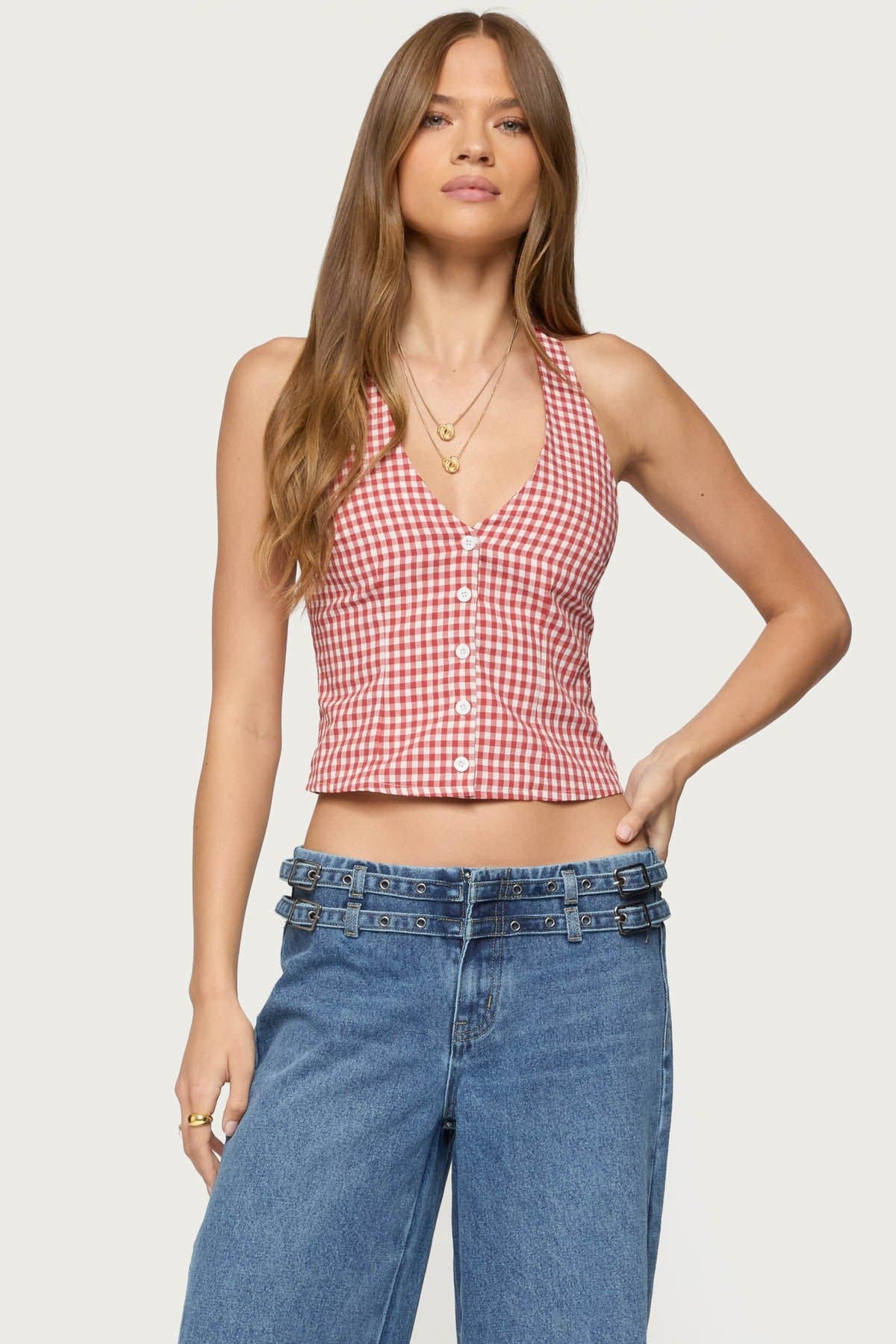 Evan Gingham Button Up Halter Top - V Neck 100% Cotton