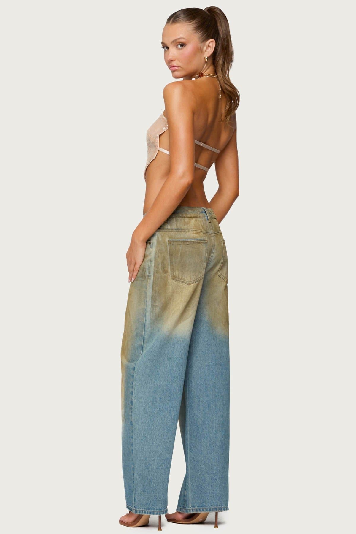 Sequin Backless Triangle Strapless Top - Polyester Spandex