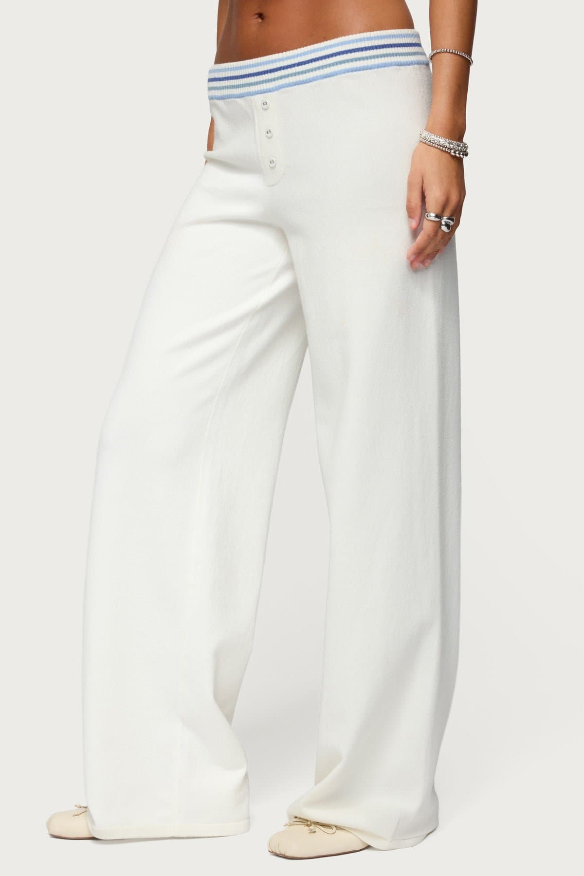 Miya Stripey Knit Pants - Rayon Polyester Nylon Striped Waistband Button Detail