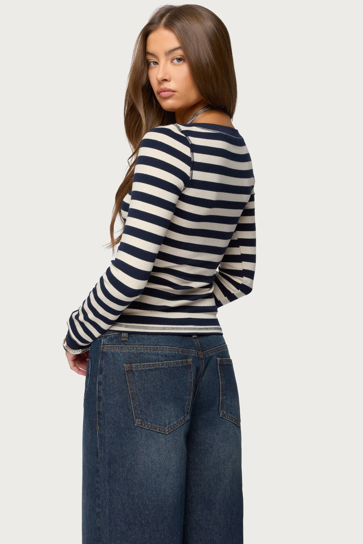 Rainey Striped Long Sleeve Top - Cotton Spandex Scoop Neck