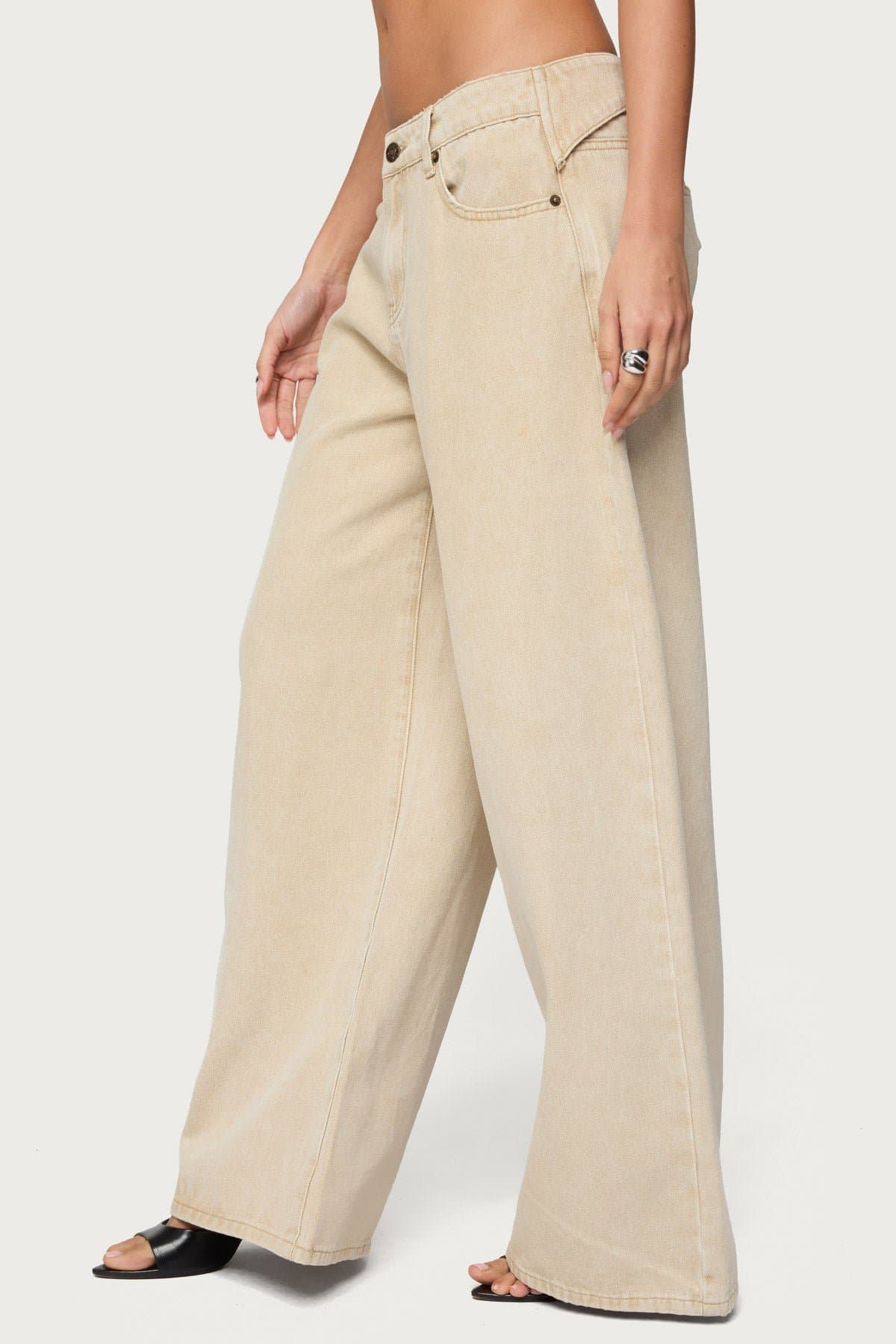 Buttoned Belt Low Rise Baggy Jeans 100% Cotton Rigid Denim