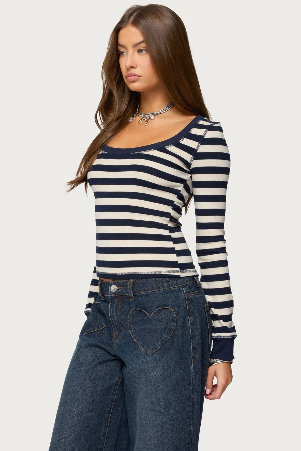 Rainey Striped Long Sleeve Top - Cotton Spandex Scoop Neck