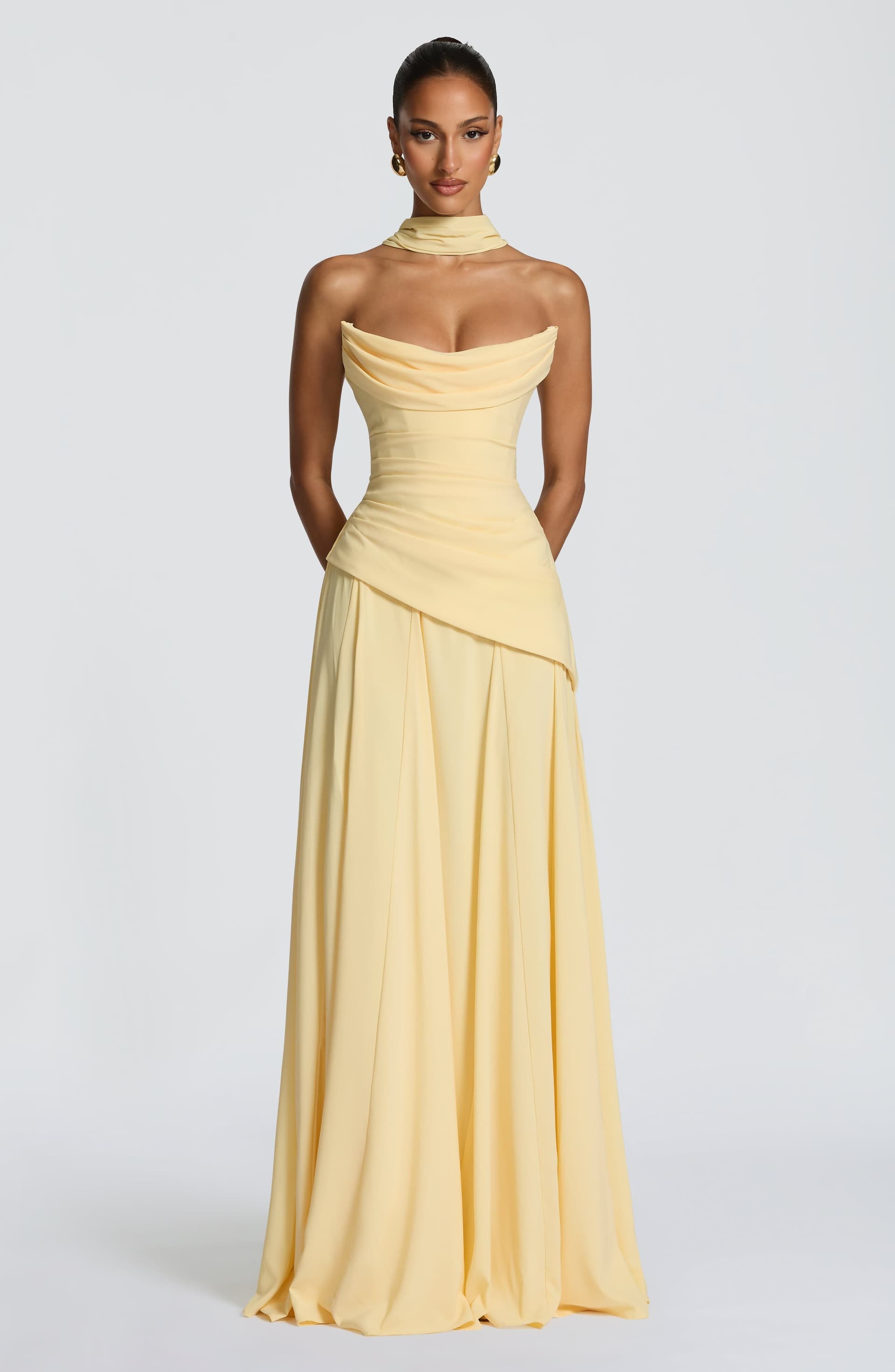 Patricia Lemon Chiffon Maxi Dress - Scooped Neckline, Lace-Up Back, Pleated Bodice