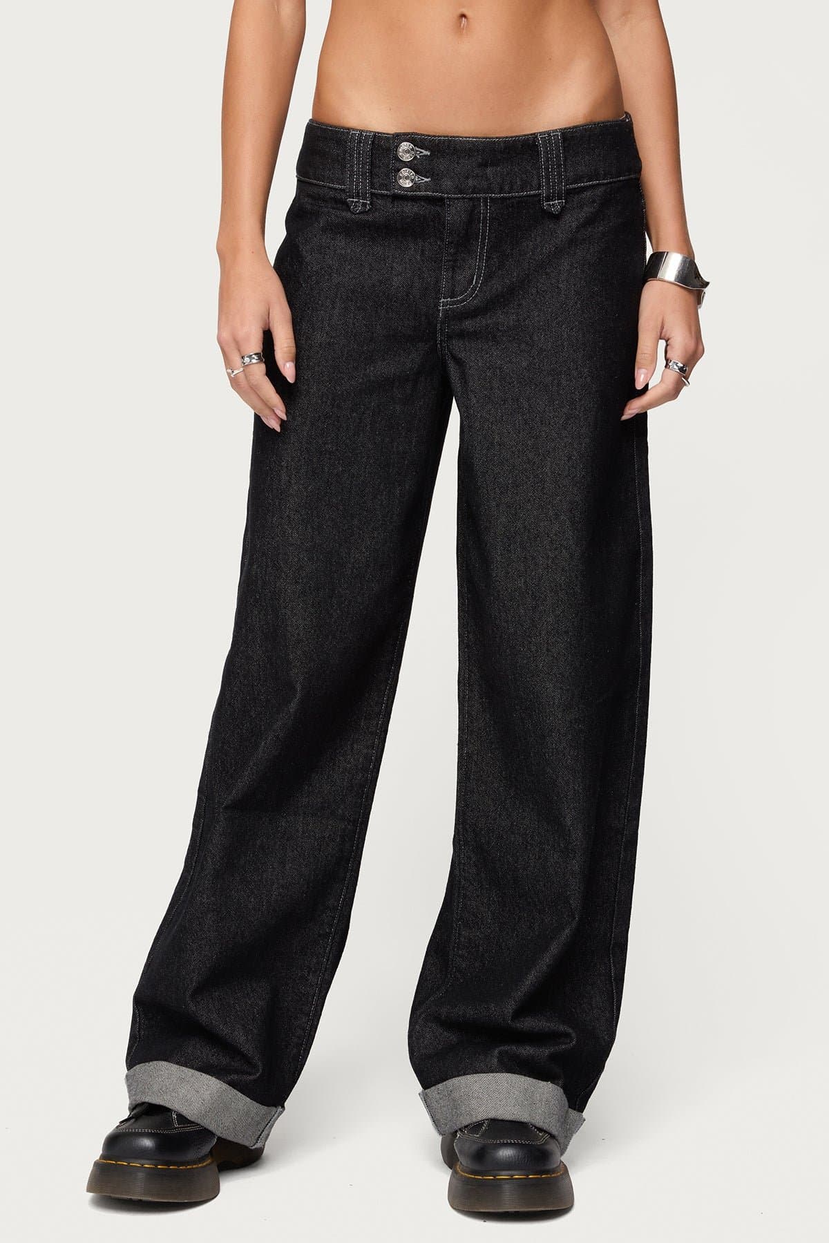 Cuffed Low Rise Straight Leg Jeans in Rigid 100% Cotton Denim