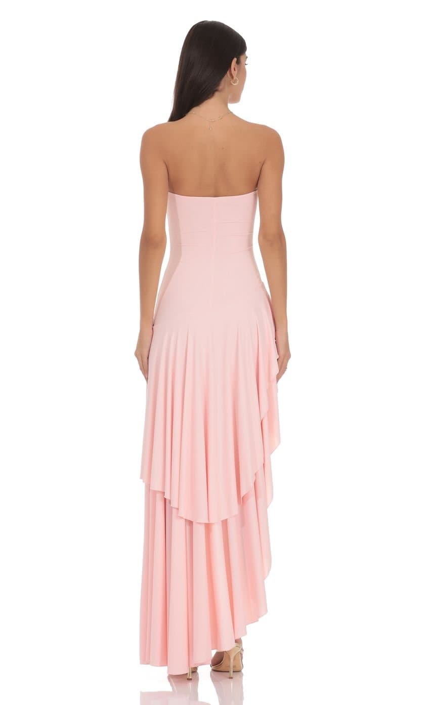Strapless Ruffle Asymmetrical Maxi Dress in Baby Pink