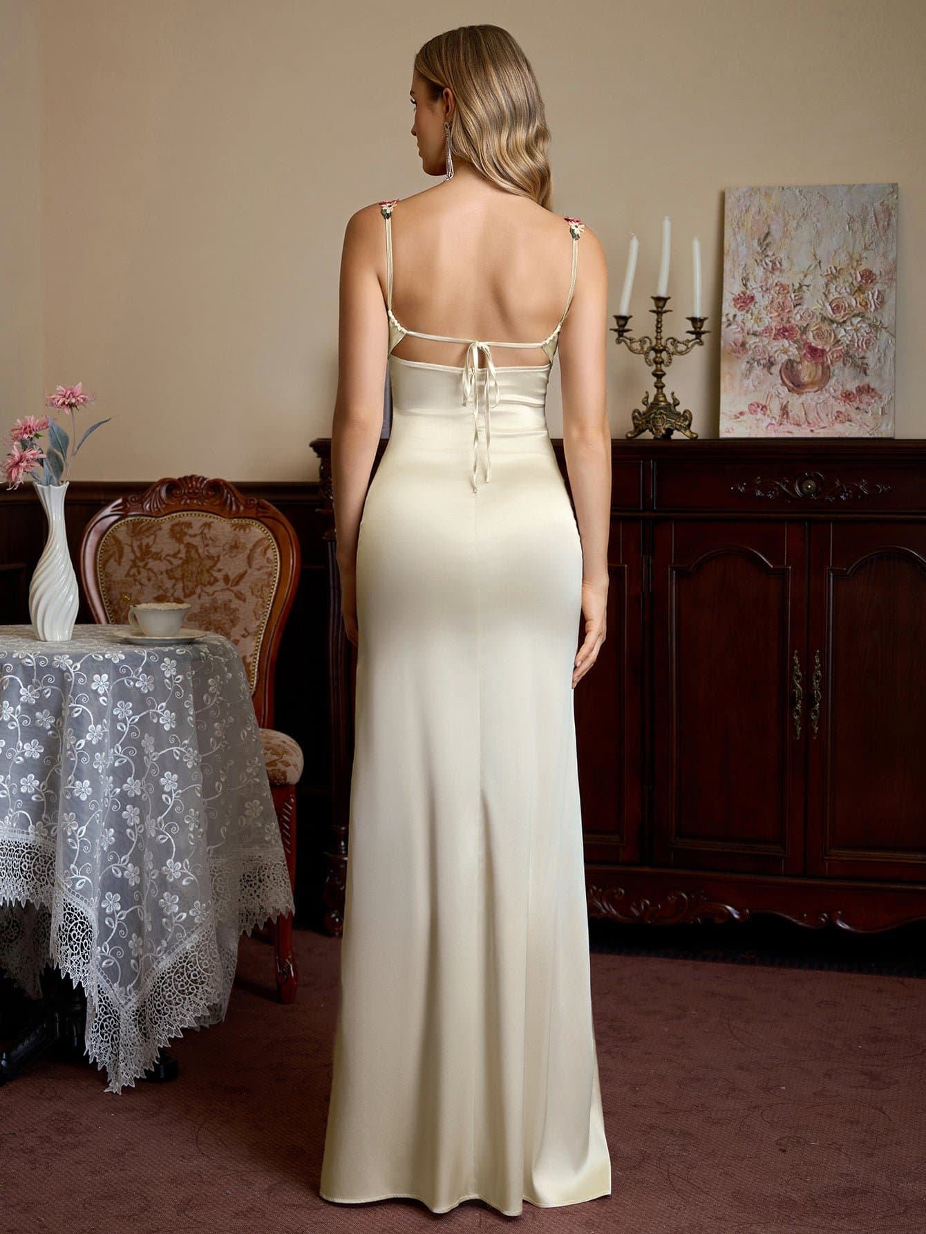 Embellished Strap Tie Back Satin Bodycon Dress