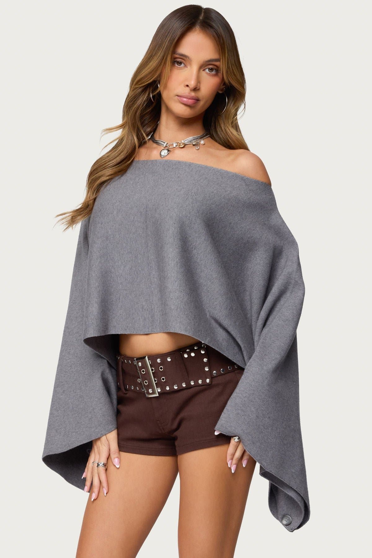 Sharla Off Shoulder Poncho Sweater in Rayon Polyester Nylon Knit Fabric
