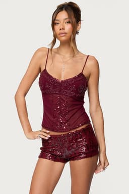 Azelia Beaded Sheer Mesh Tank Top - V Neck Adjustable Straps Polyester Spandex