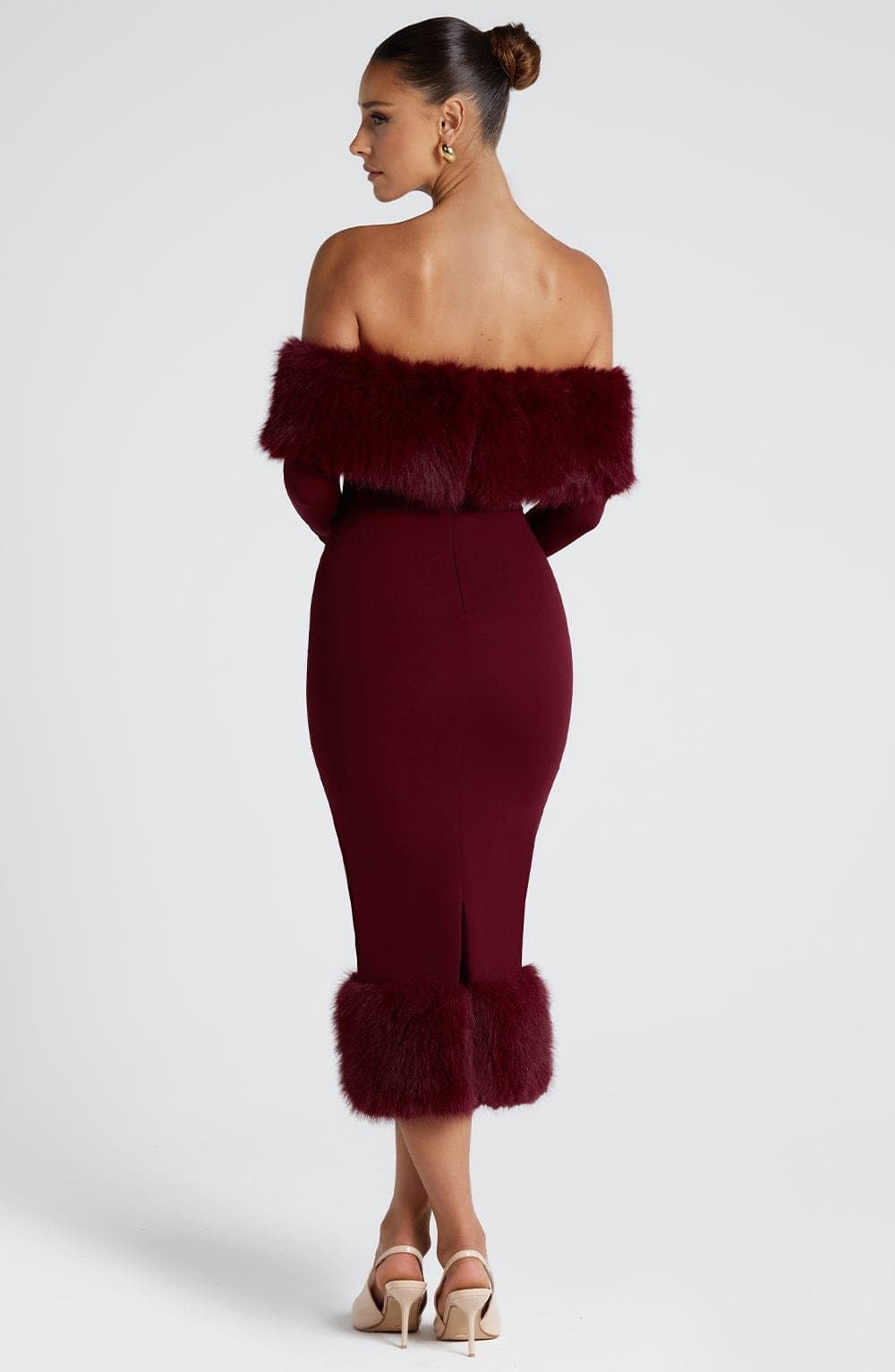 Vittoria Midi Dress in Wine - Stretch Crepe Bardot Neckline Long Sleeve