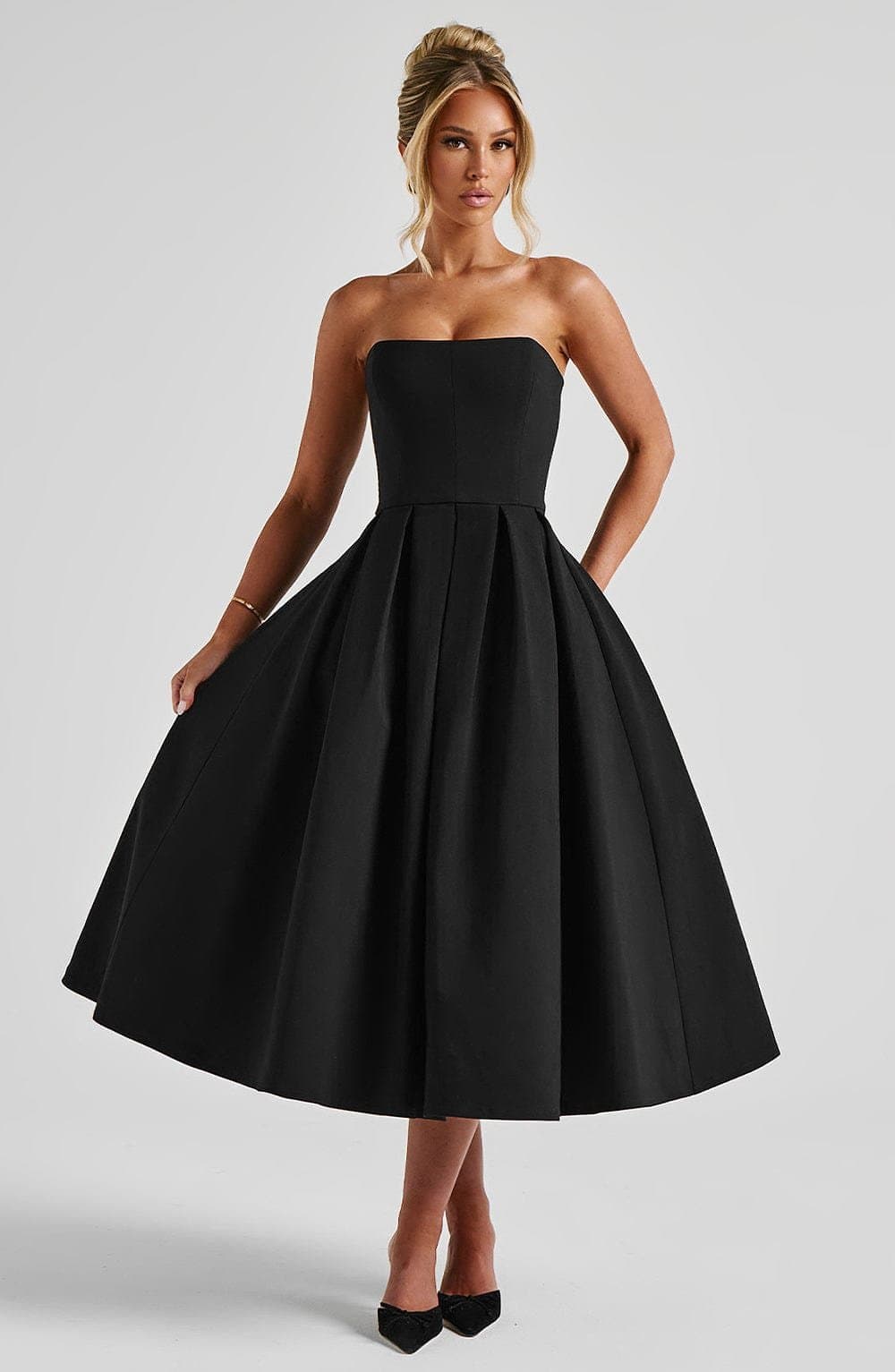Edith Midi Dress in Black - Strapless Pleated Full Skirt Fully Lined