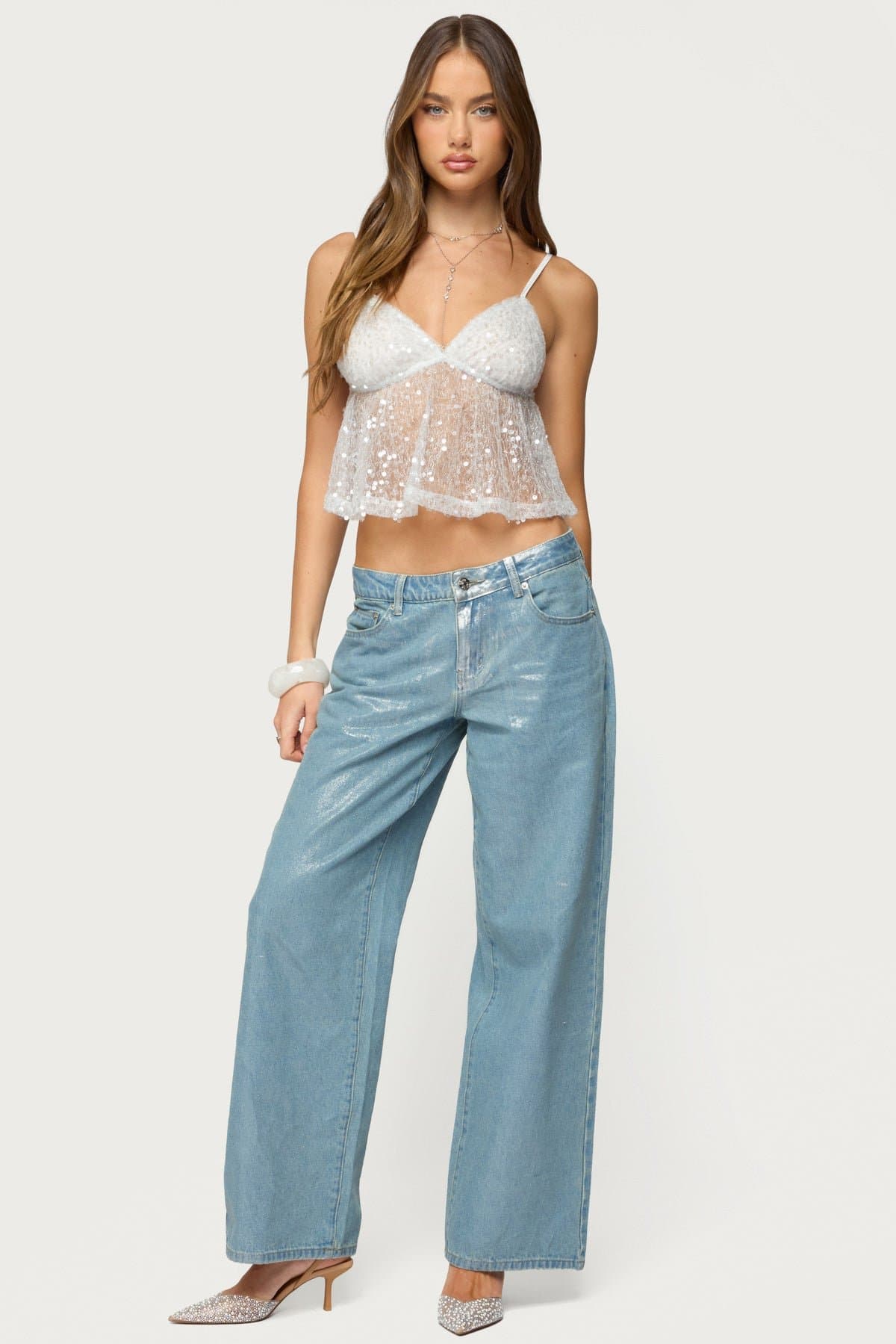 Sheer Sequin Babydoll Tank Top with Adjustable Straps Lined Bust Polyester