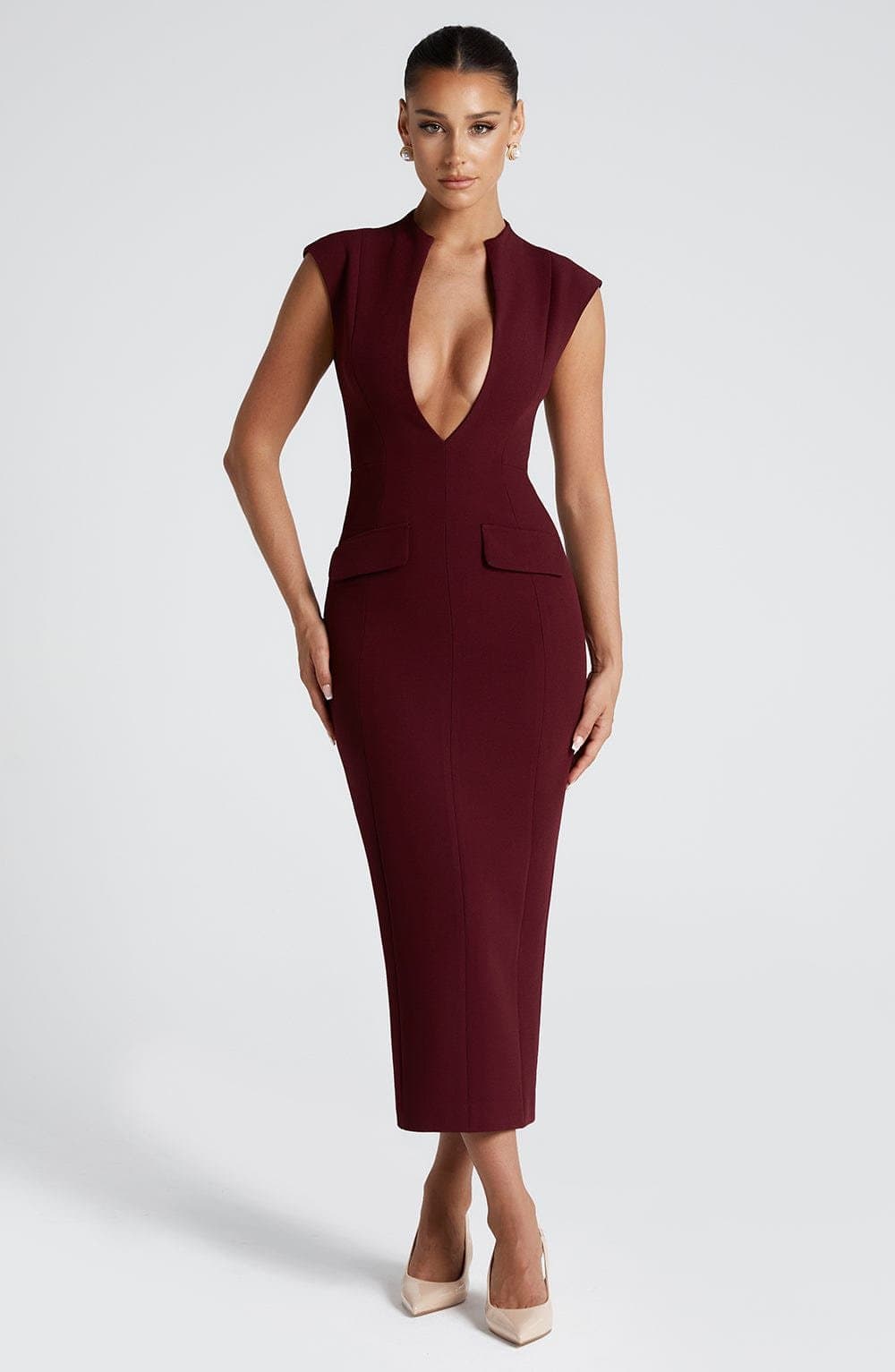 Nellie Midi Dress Cherry Lacquer Non-Stretch Crepe Plunging Neckline Pencil Skirt