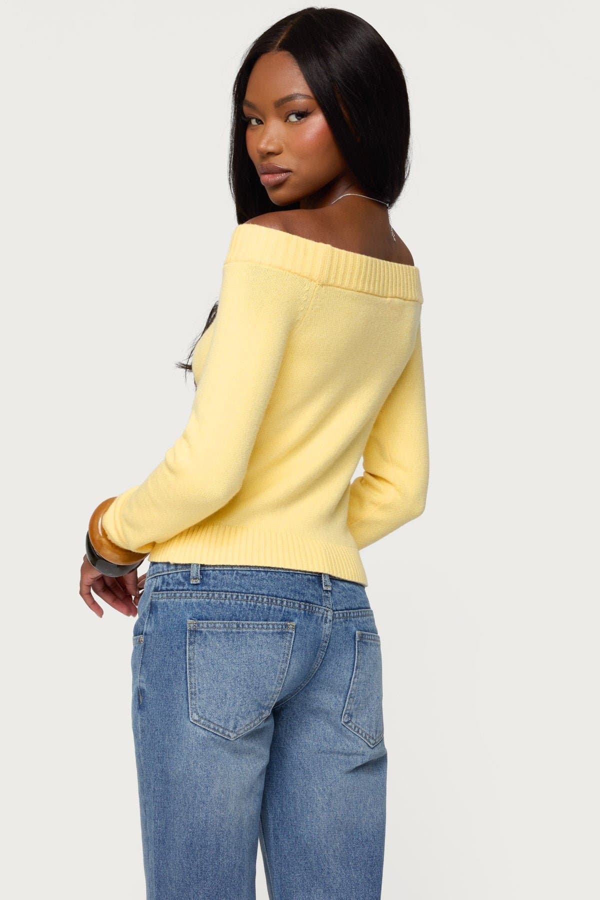 Elona Off Shoulder Long Sleeve Knit Top - Ribbed Acrylic Fabric