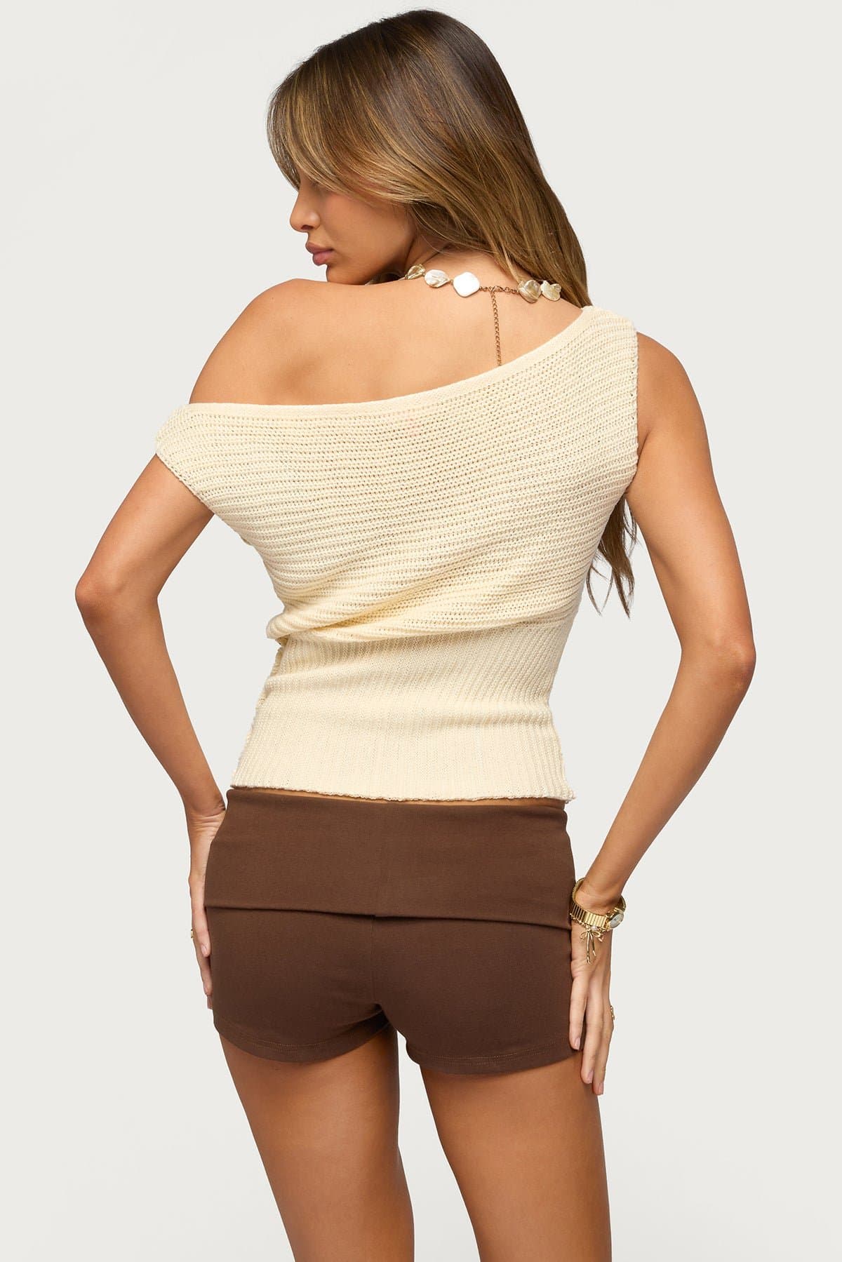 Buttoned Off Shoulder Crochet Top - Acrylic Fabric